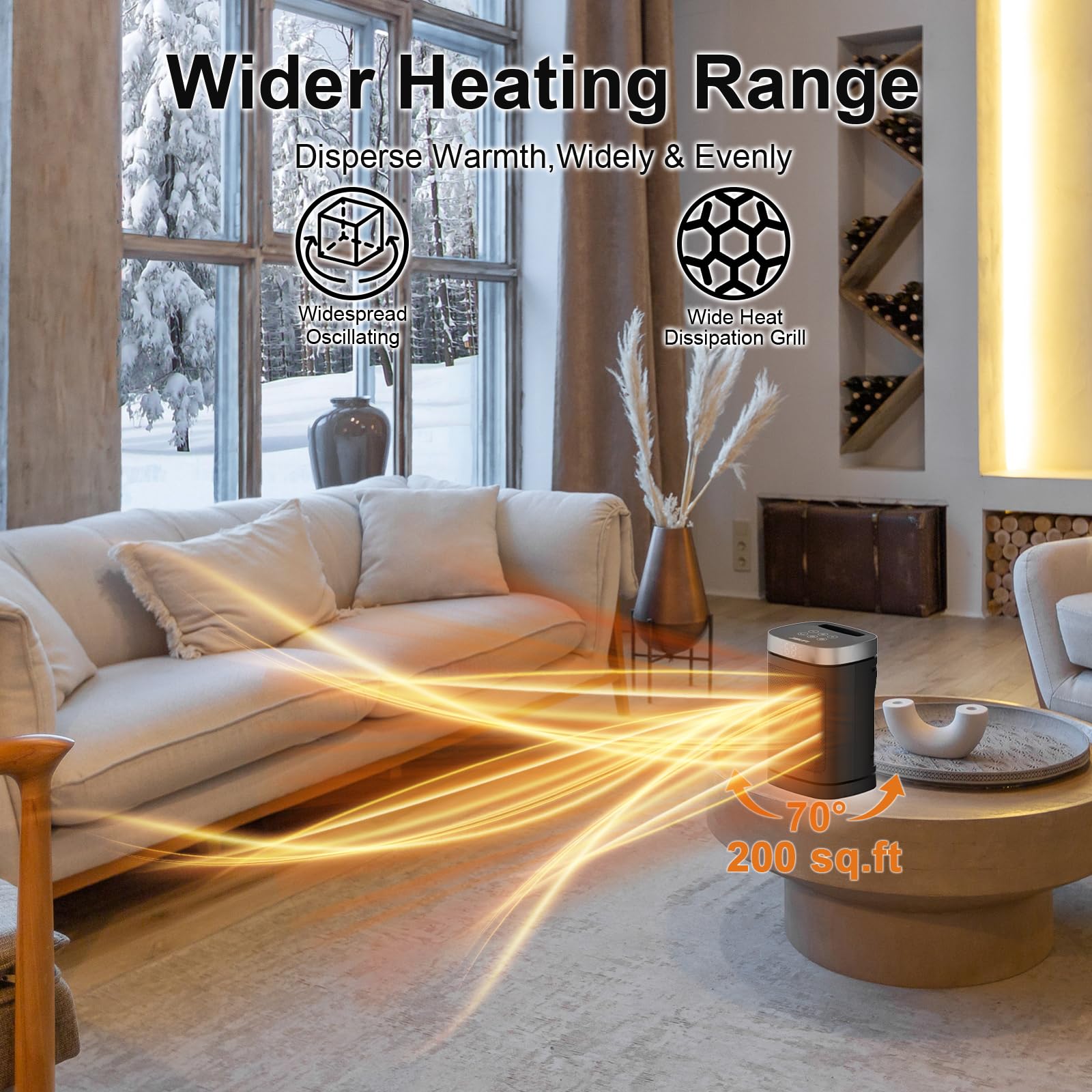JIBUFI 1500W PTC Electric Space Heater - Small Portable Indoor Heater with 70° Rotation, Fast & Safe Heating, Remote Control, 1-12 Hour Timer - Perfect for Bedroom, Office, Home & Winter Use (Silver)