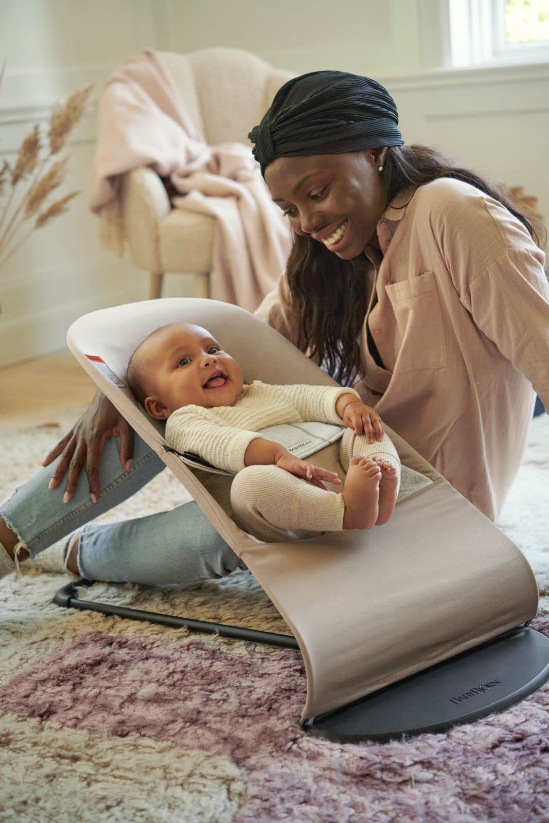 BabyBjörn Bouncer Balance Soft - Adjustable 2-in-1 Baby Bouncer & Toddler Chair (8-29 lbs) | 4-Position Reclining | Lightweight Portable Infant Seat | Cotton/Jersey Fabric in Beige/Gray | Perfect for Nursery, Living Room & Travel