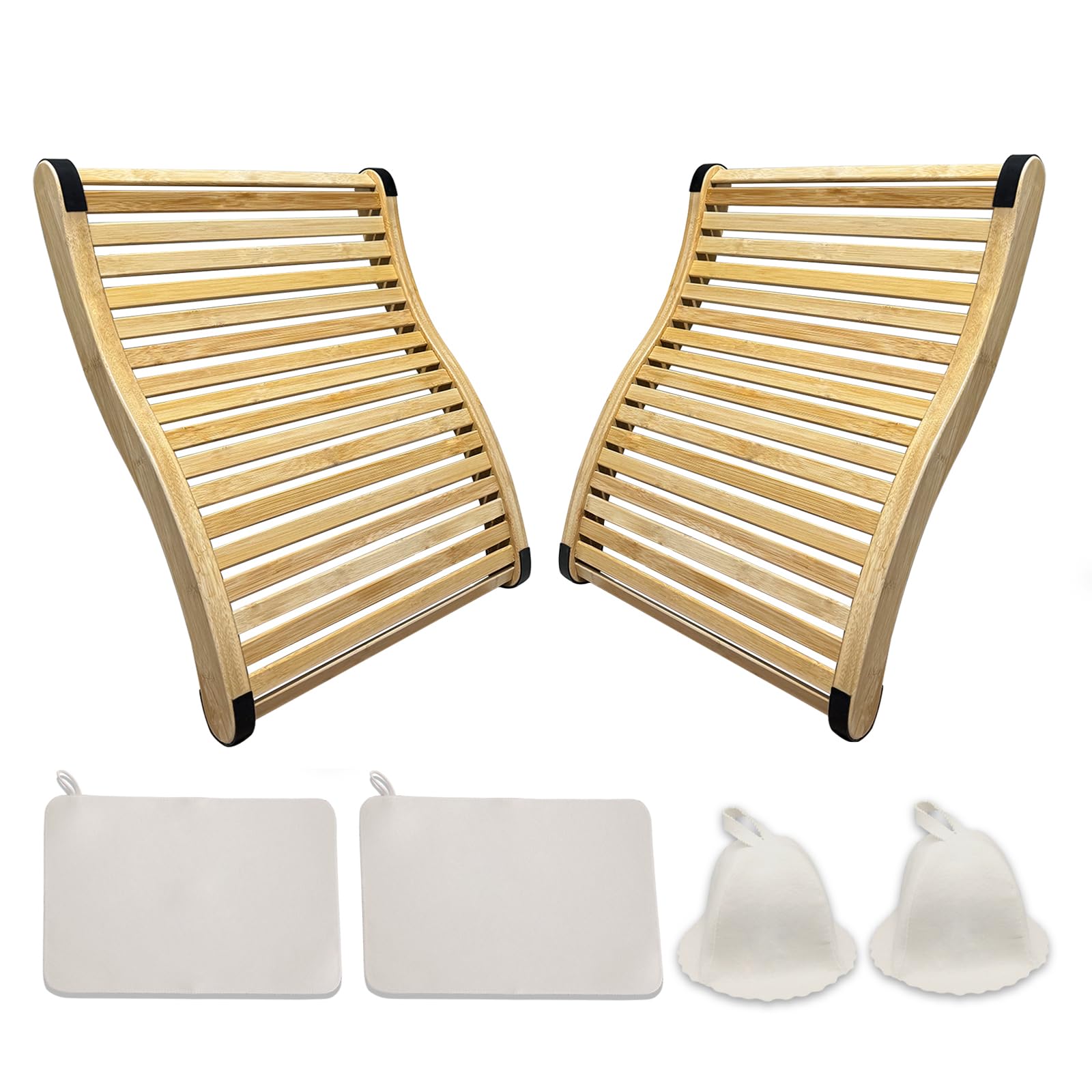 Premium Natural Bamboo Sauna Backrest - Cooler & More Flexible Than Wood - Includes 2 Sauna Hats & 2 Seat Pads with Anti-Slip Rubber Base - Spa & Home Sauna Accessories Set (2 Pack) - Perfect for Relaxation & Detox in Home Saunas & Steam Rooms