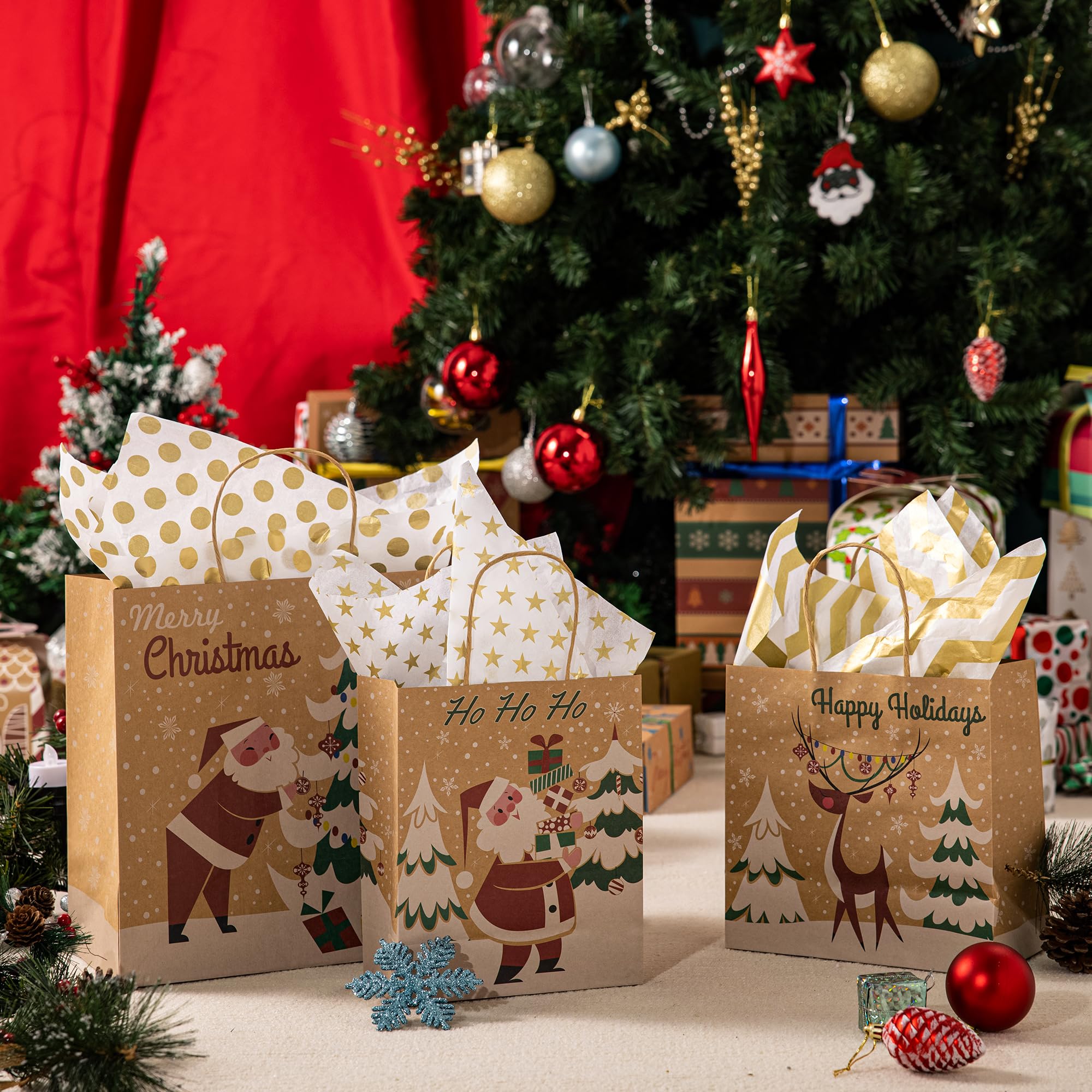 JOYIN 24-Piece Christmas Kraft Gift Bags Set - Assorted Holiday Designs for Wrapping Presents (Classic Style, Tissue Paper Not Included) - Perfect for Christmas Party Favors, Stocking Stuffers & Holiday Gift Giving