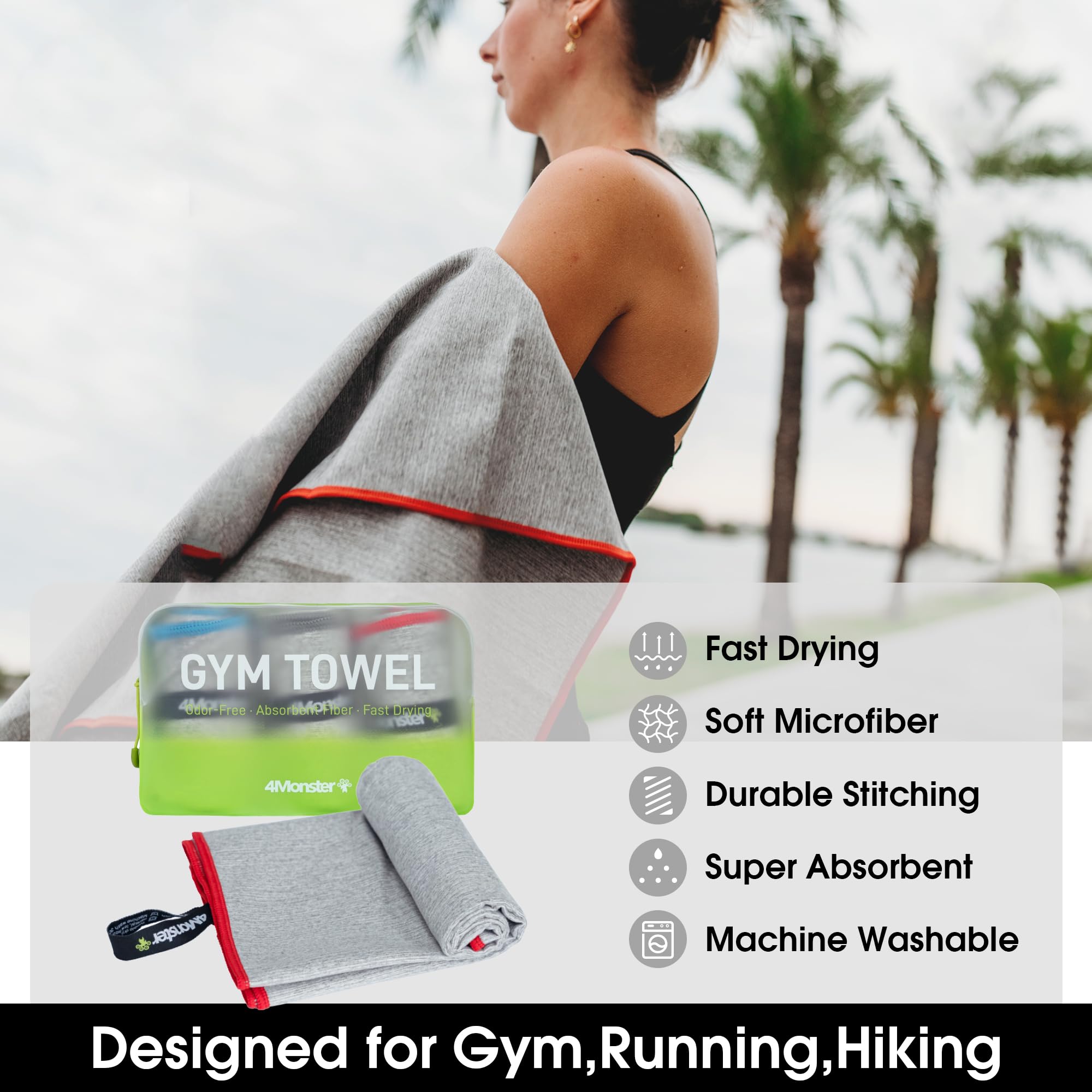 4Monster Quick-Dry Microfiber Gym & Workout Towel Set with Wet Bag - Ultra Soft, Absorbent for Body Sweat - Perfect for Travel, Camping, Beach, Pool & Shower (3-Pack, Blue/Gray/Red) - Ideal for Fitness Enthusiasts, Swimmers & Outdoor Adventures