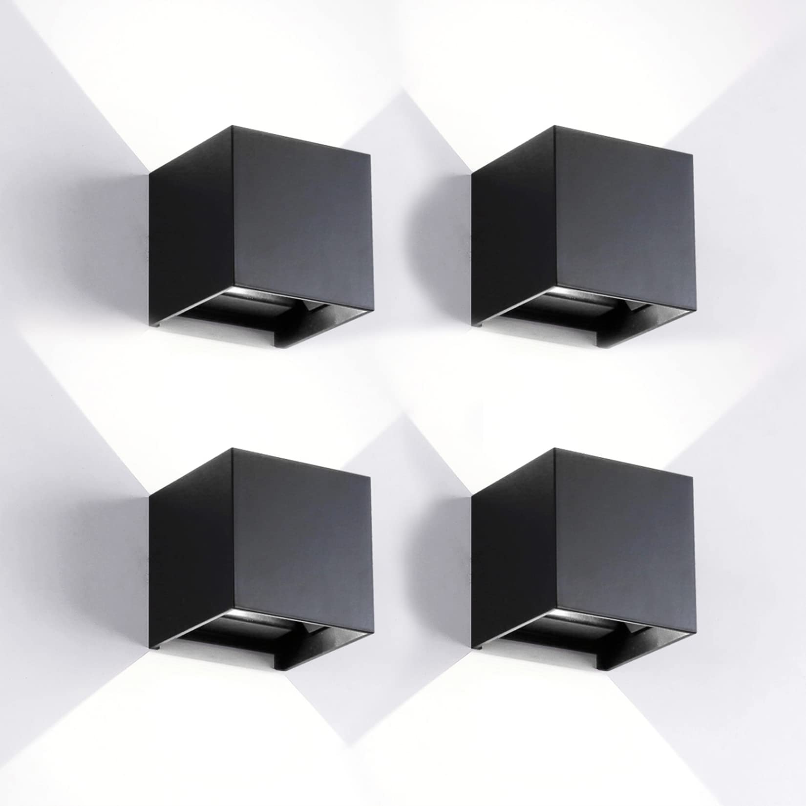4 Pack Modern Black LED Wall Sconces - IP65 Waterproof Square Aluminum Outdoor/Indoor Lighting Fixture - 12W 6500K Cool White Up Down Lights - Perfect for Patio, Garden, Porch & Hallway Decor