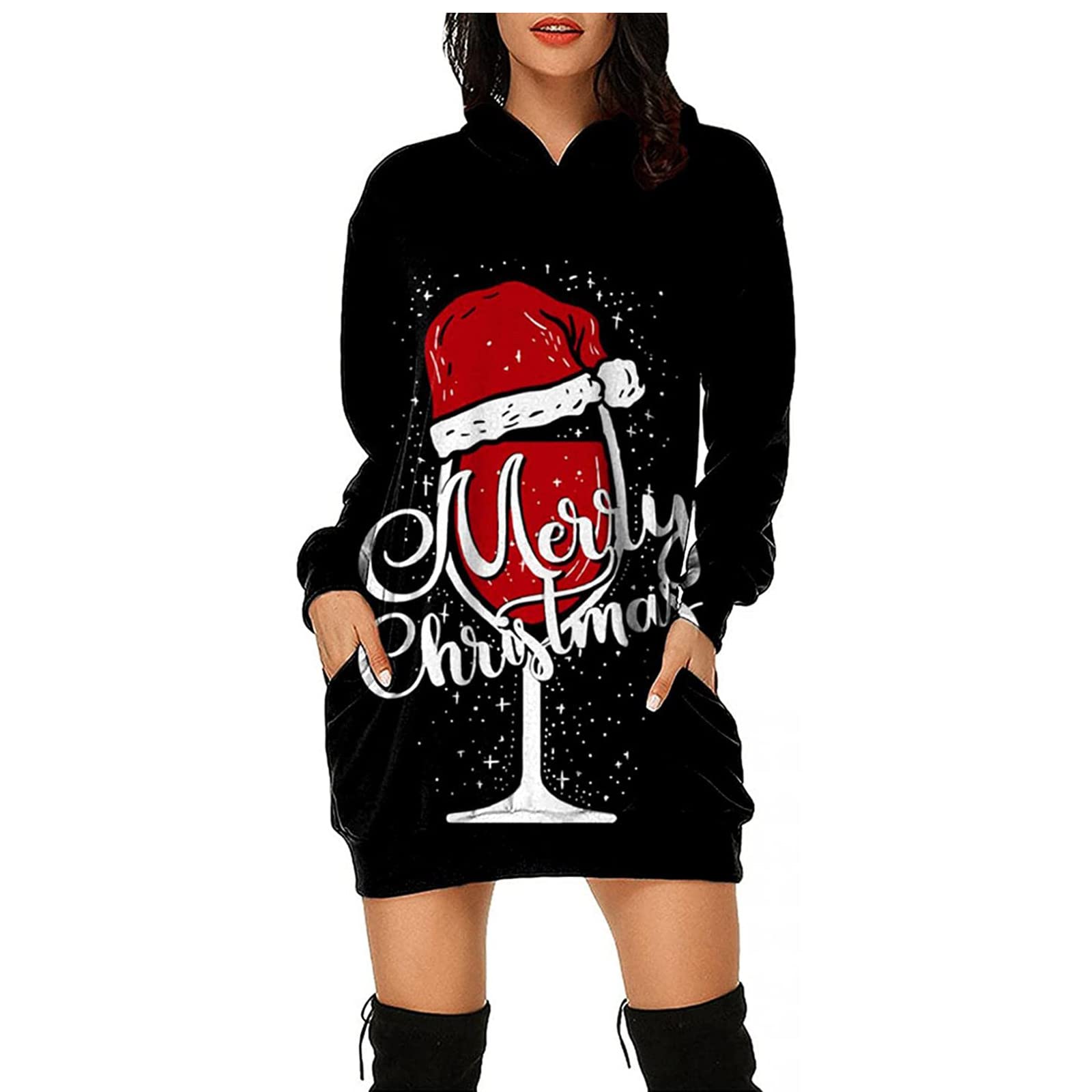 Festive Christmas Jumper Dresses for Women - Holiday Print Hooded Pullover with Pockets | Cozy Loose Fit Xmas Sweater for Parties, Family Gatherings & Winter Outings