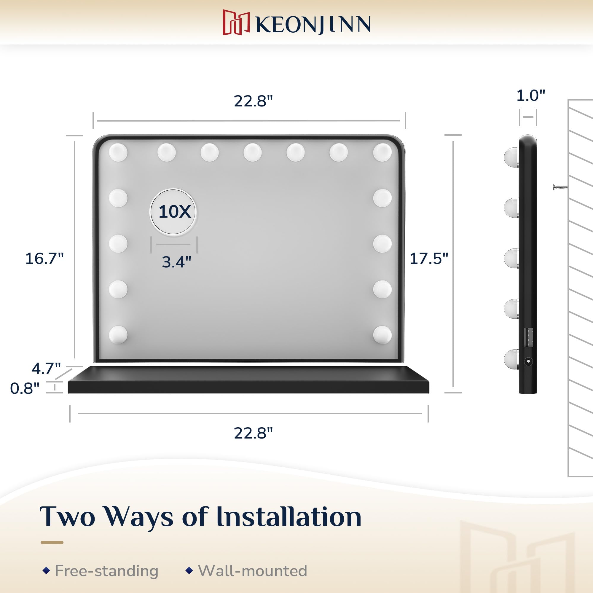 Keonjinn Hollywood Vanity Mirror with Lights - 15 Replaceable Bulbs, 3 Color Modes, USB Charging, Aluminum Frame (23