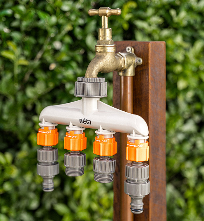 12mm Universal 4-Way Water Tap Connector - Brass Splitter for Garden Hose, RV, Washing Machine & Outdoor Faucets