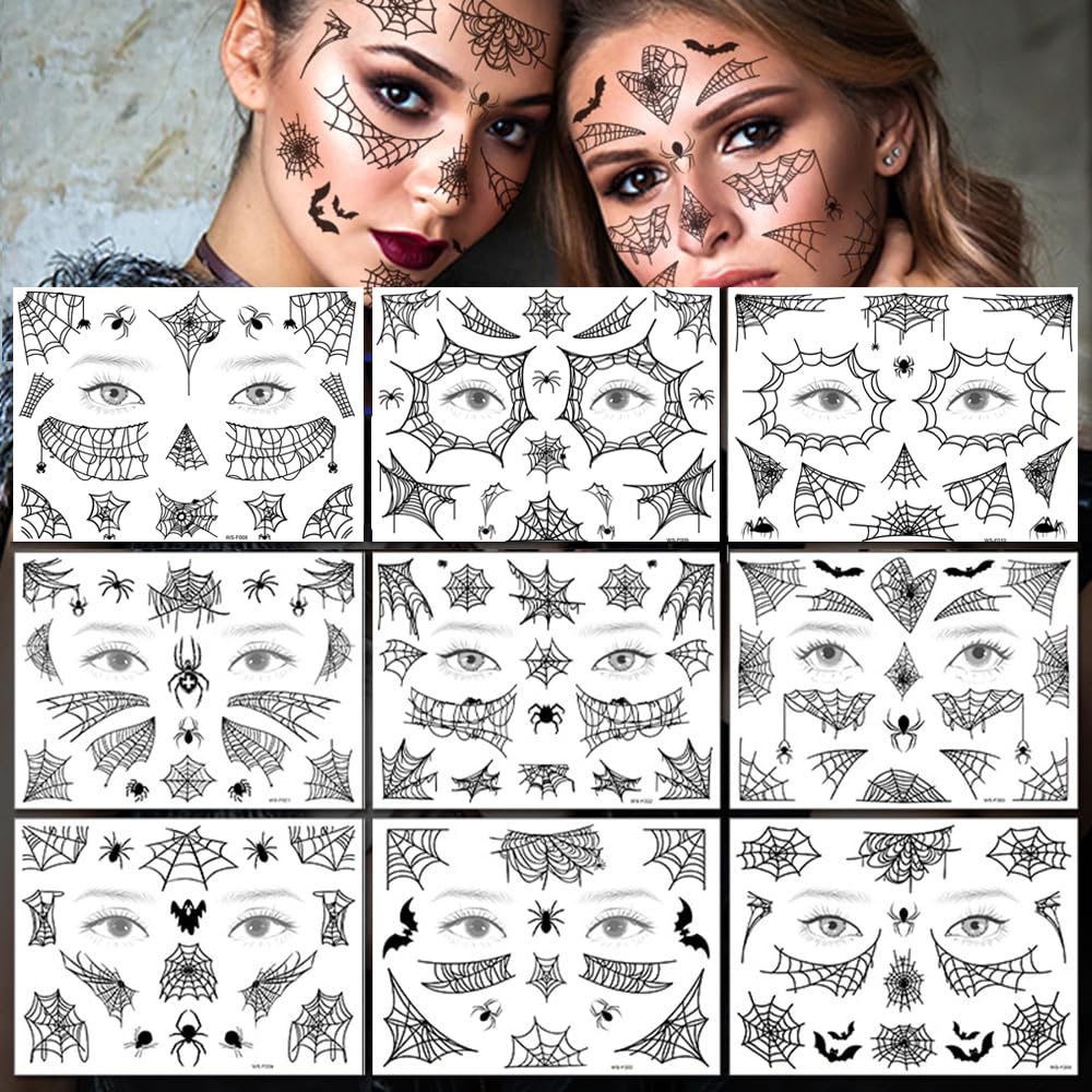 Realistic Spider Face Tattoos - 6-Sheet Spider Web Mask & 3-Sheet Fake Face Spiders Temporary Tattoo Stickers for Halloween, Cosplay, Prank - Perfect for Women, Girls & Kids Costume Makeup