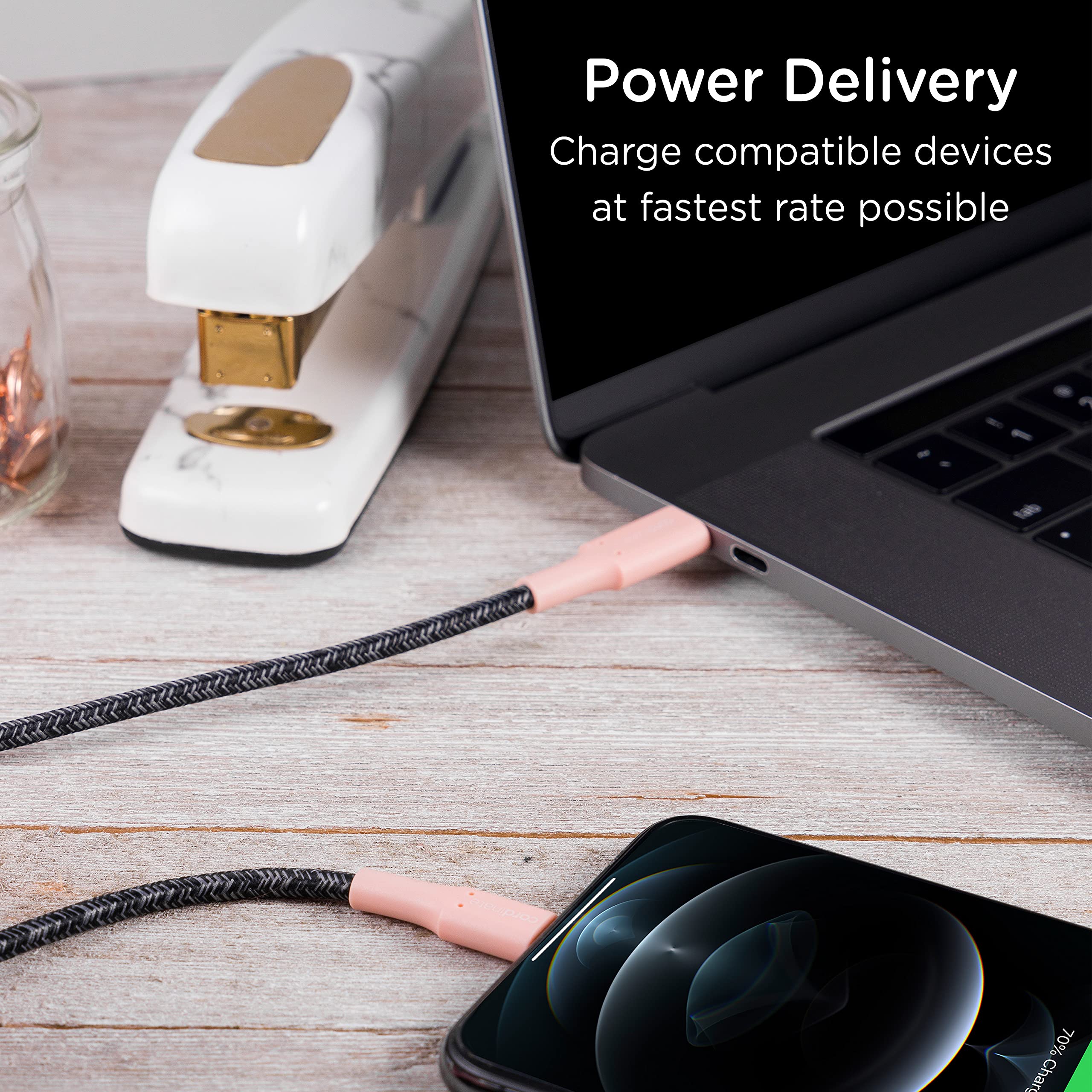 Premium 6Ft USB C to Lightning Cable - Fast Charging Braided Cord for iPhone 14/13/12 Series & AirPods Pro - Durable Blush/Charcoal iPhone Charger - Perfect for Home, Office & Travel Use