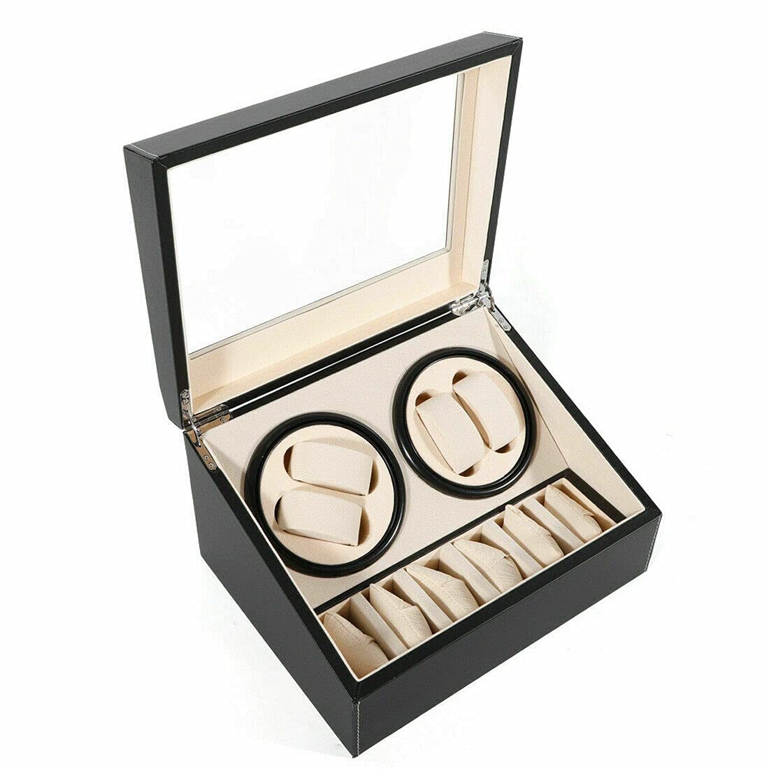 Premium Automatic Watch Winder - Wooden Watch Box Organizer with PU Leather & Glass Top (4+6 Slots) - Luxury Watch Storage & Display Case for Men's Collections - Perfect for Home, Office & Travel Use