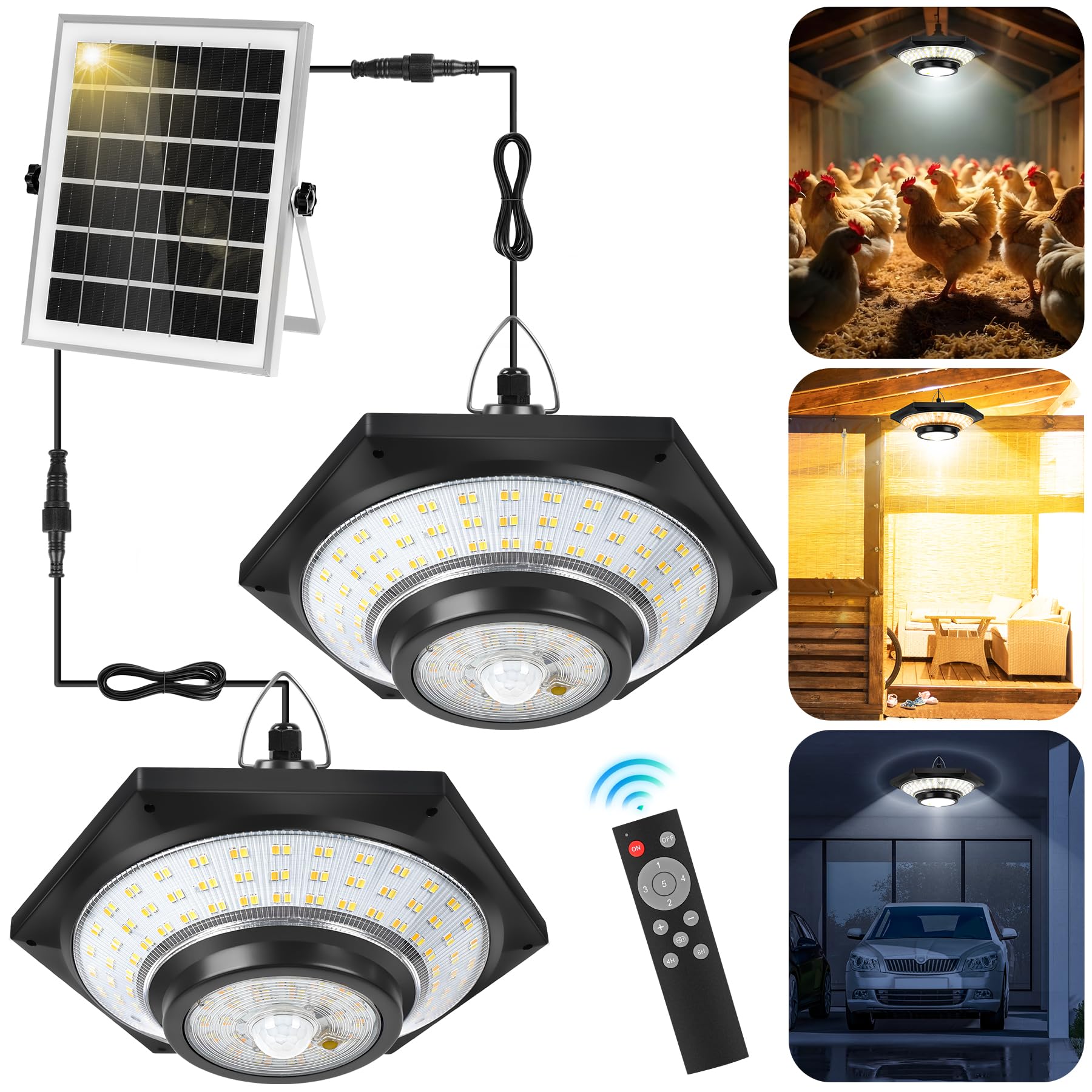 Solar Powered Hanging Pendant Lights with Remote Control - Waterproof Outdoor/Indoor Lighting for Chicken Coops, Sheds, Barns, Garages & Patios - Energy Efficient Solar Shed Lights for Nighttime Illumination