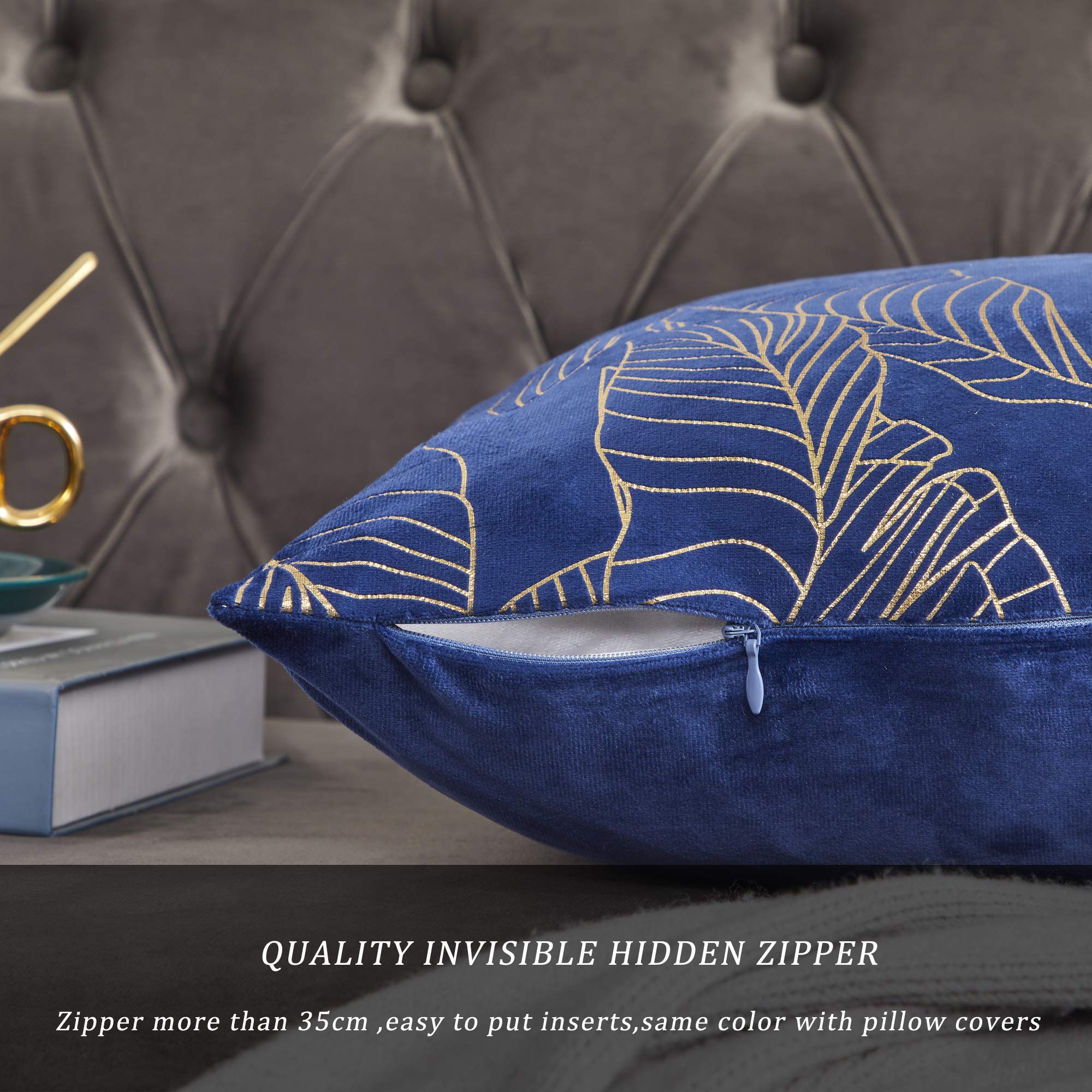 Premium Navy Velvet Throw Pillow Covers 20x20 Inches - Decorative Gold Leaf Design, Soft Couch Pillow Covers for Fall & Winter, Set of 2 - Perfect for Sofa, Bed, Living Room & Home Decor