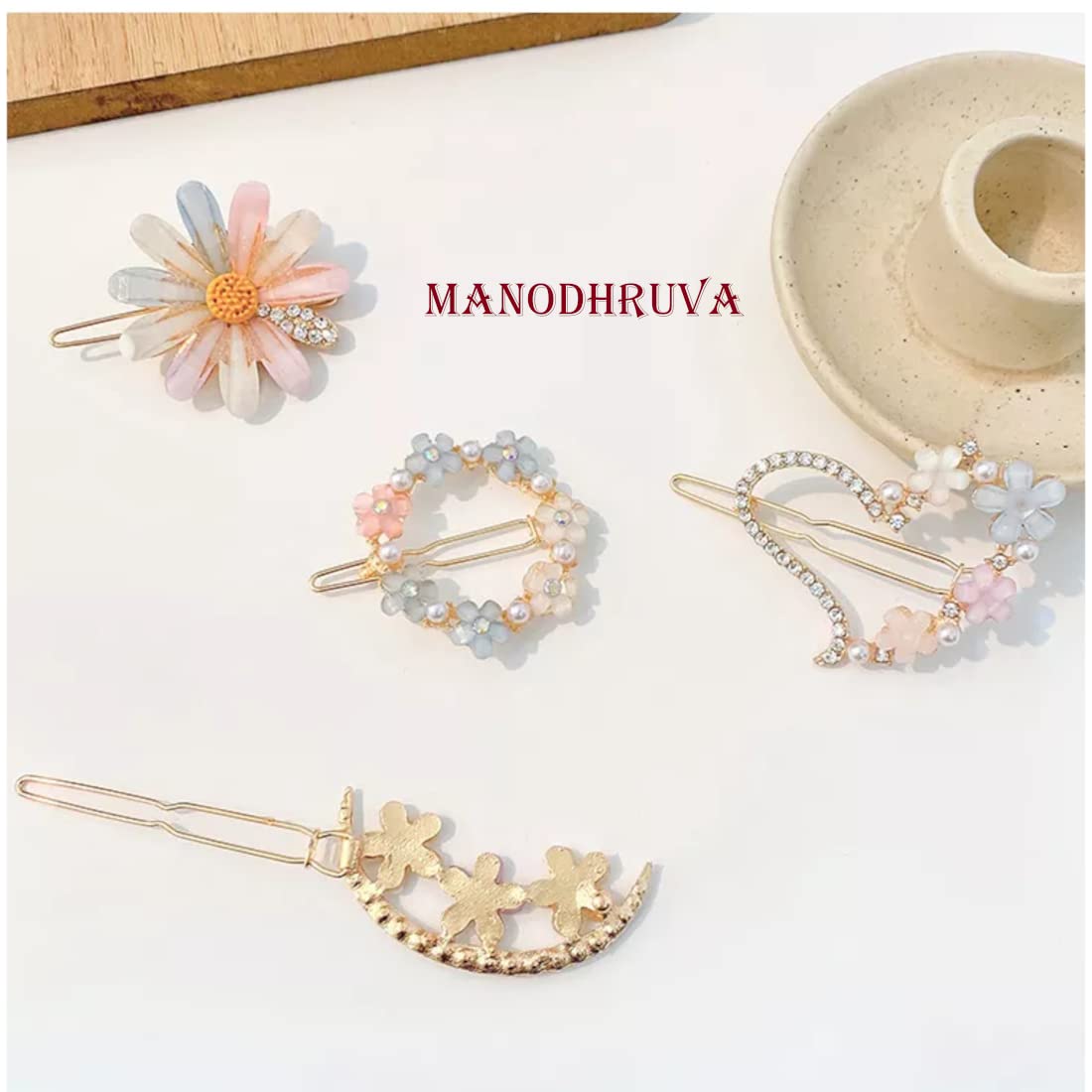 4pcs Glitter Rhinestone Bobby Pins - Moon & Flower Hair Clips for Women & Girls - Metal Pearl Hair Accessories for Parties, Weddings & Daily Styling