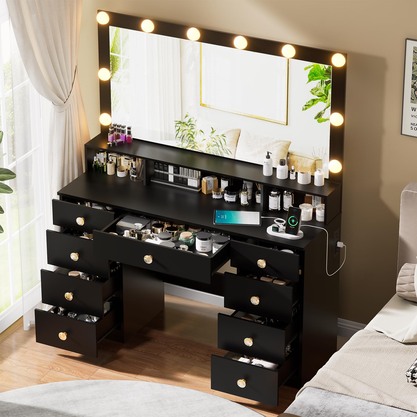 Vanity Desk with Large Mirror & LED Lights - 9-Drawer Makeup Dressing Table with Super Storage, Power Outlet & Crystal Handles - 3 Lighting Modes - Perfect for Women & Girls Bedroom, Beauty Salon or Bridal Suite (Black)