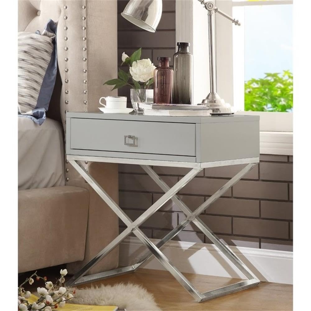 Brianna 1-Drawer Nightstand with X-Metal Legs in Gray/Chrome - Modern Bedside Table for Bedroom, Living Room & Office - Compact Storage Solution with Sleek Design