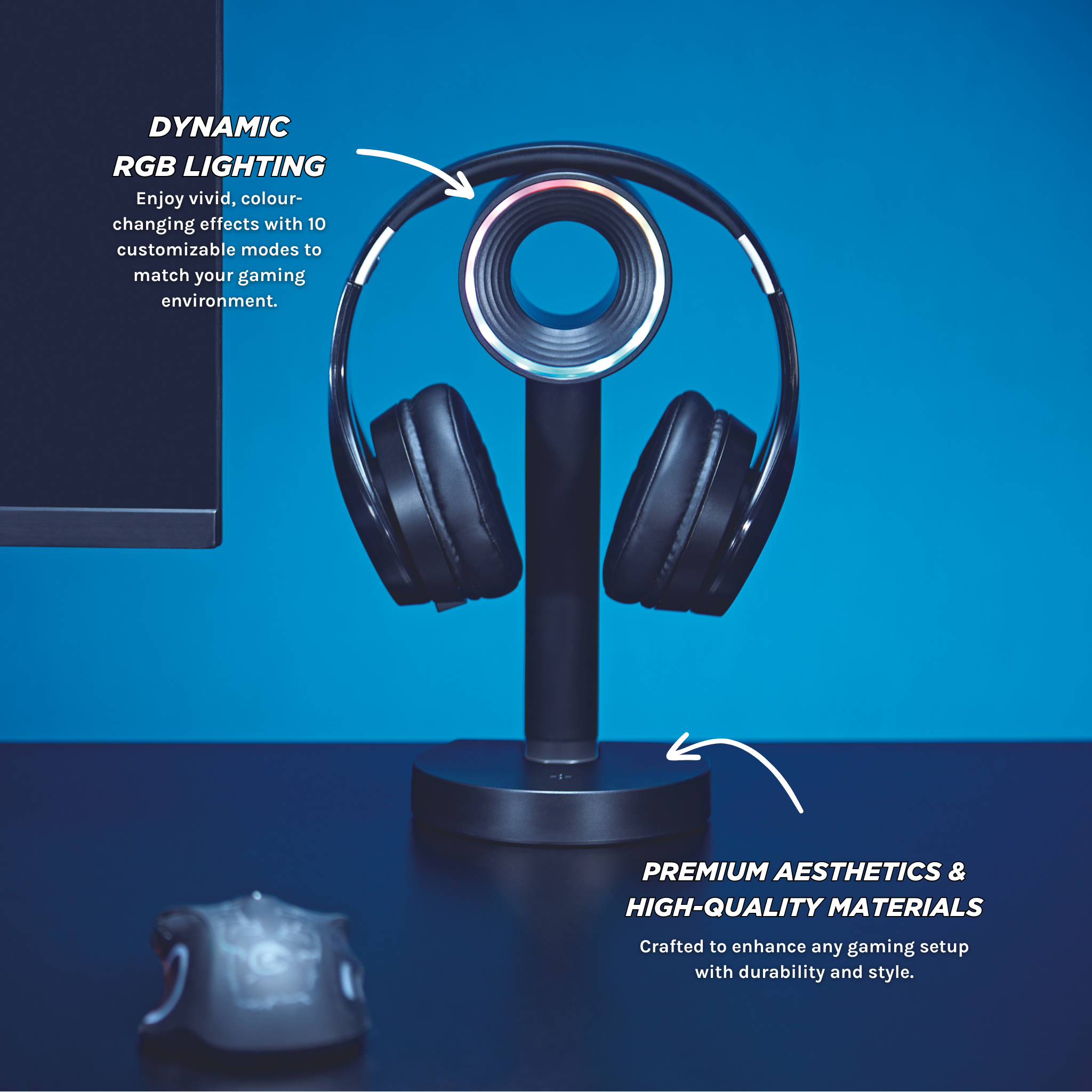 Orbit RGB Gaming Headphone Stand with Wireless Charging - LED Light Base for Headphones & Wireless Earbuds - Perfect for Gaming Setup, Office Desk, and Home Decor