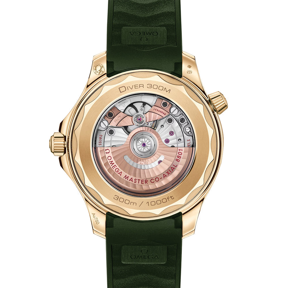 Omega Seamaster Diver 300M Co-Axial Master Chronometer 42mm Watch - Green Dial with Moonshine™ Gold Case & Rubber Strap | Luxury Dive Watch for Men, Water Resistant for Swimming & Professional Diving