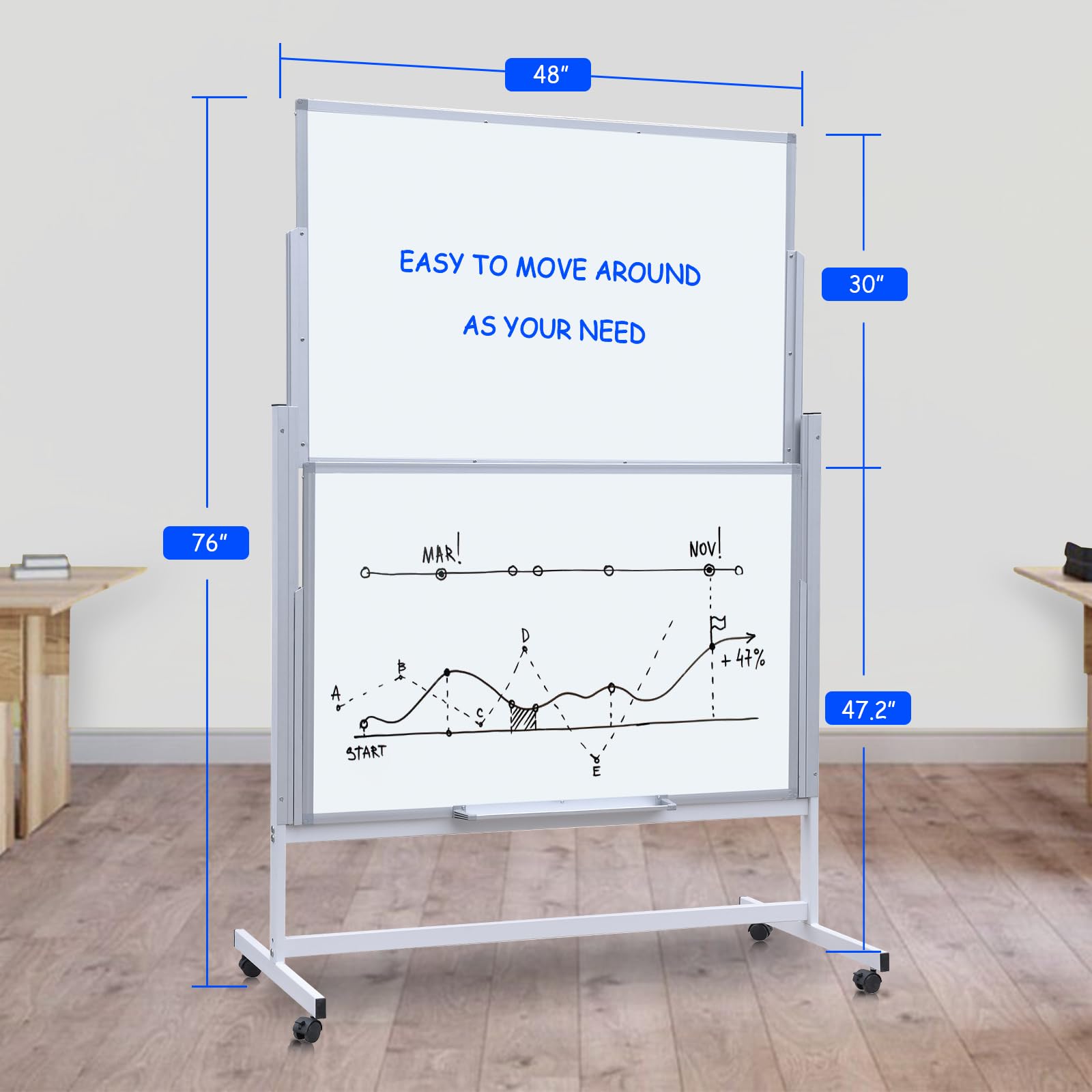 Magnetic Dry Erase Whiteboard 48x60 Inches - Double-Sided Rolling Whiteboard on Wheels with Adjustable Height & Easel Stand for School, Office, Home Use - Includes Markers & Erasers (Ideal for Classrooms, Presentations & Home Office Organization)