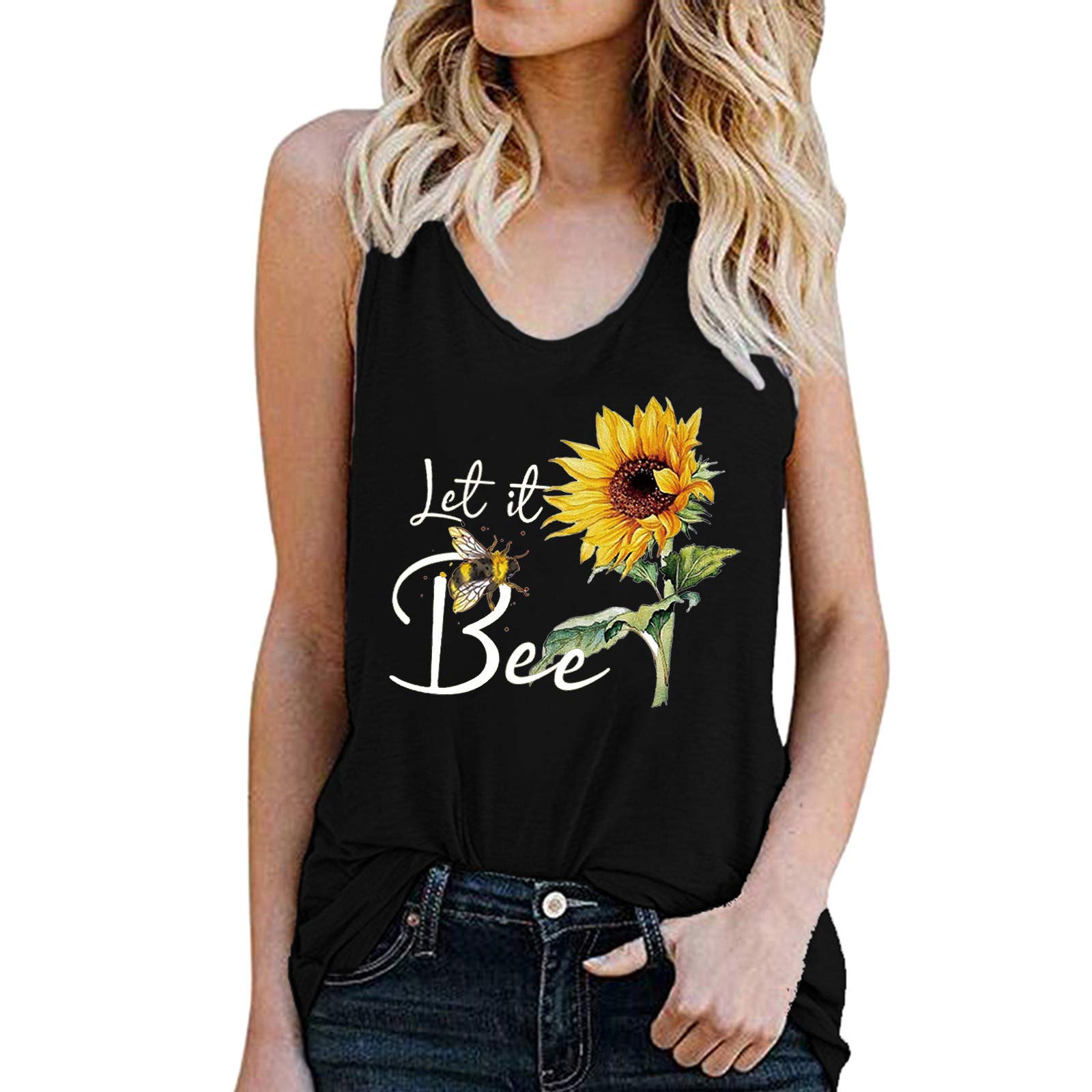 Women's Black Sleeveless Blouse Top - Bee Print Loose Summer Casual T-Shirt Vest for Women | Perfect for Beach Outings, Summer Parties & Everyday Wear
