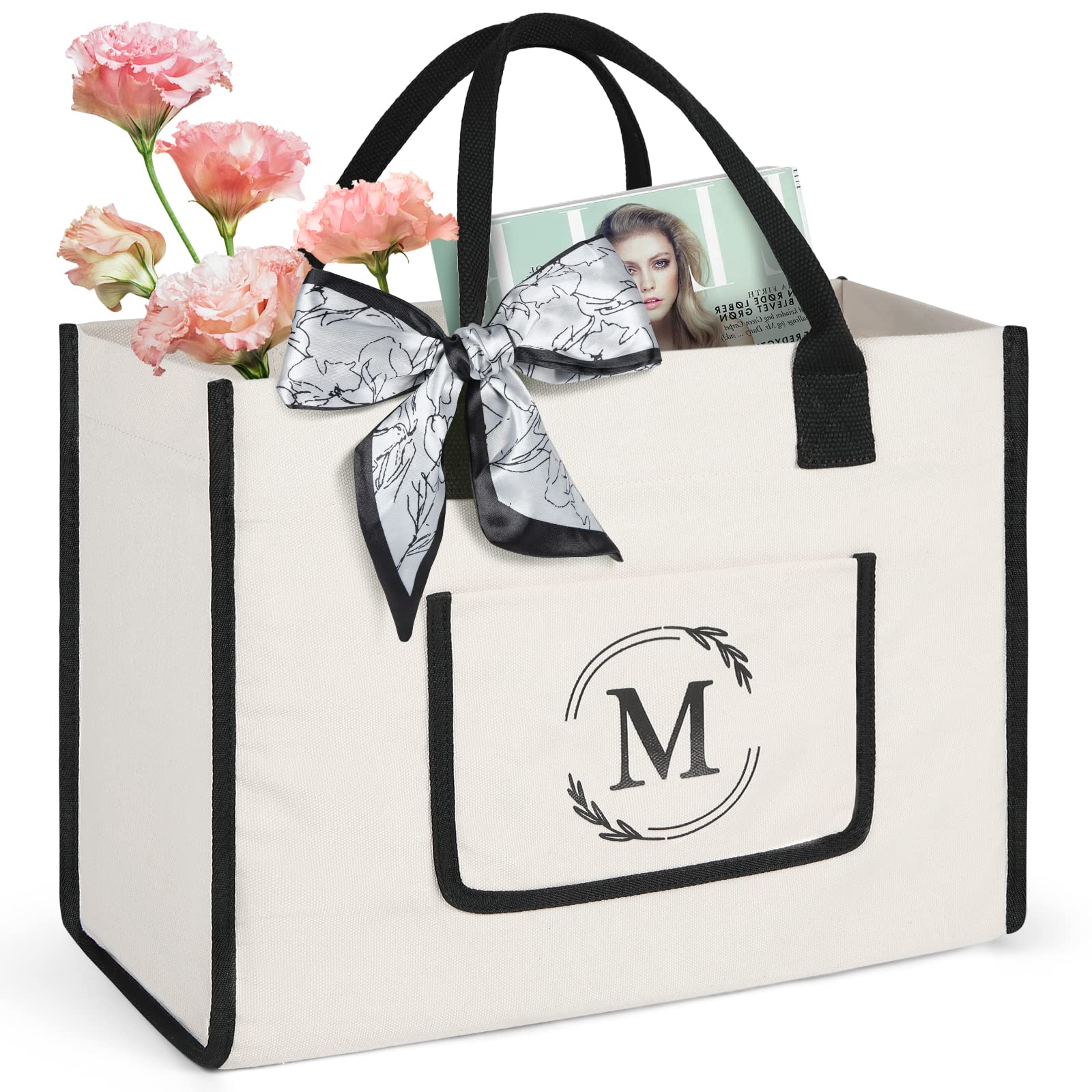 Personalized Monogrammed Canvas Tote Bag for Women - Custom Beach Bag with Initials for Wedding, Birthday, Travel & Shopping - Great Gift Idea for Her