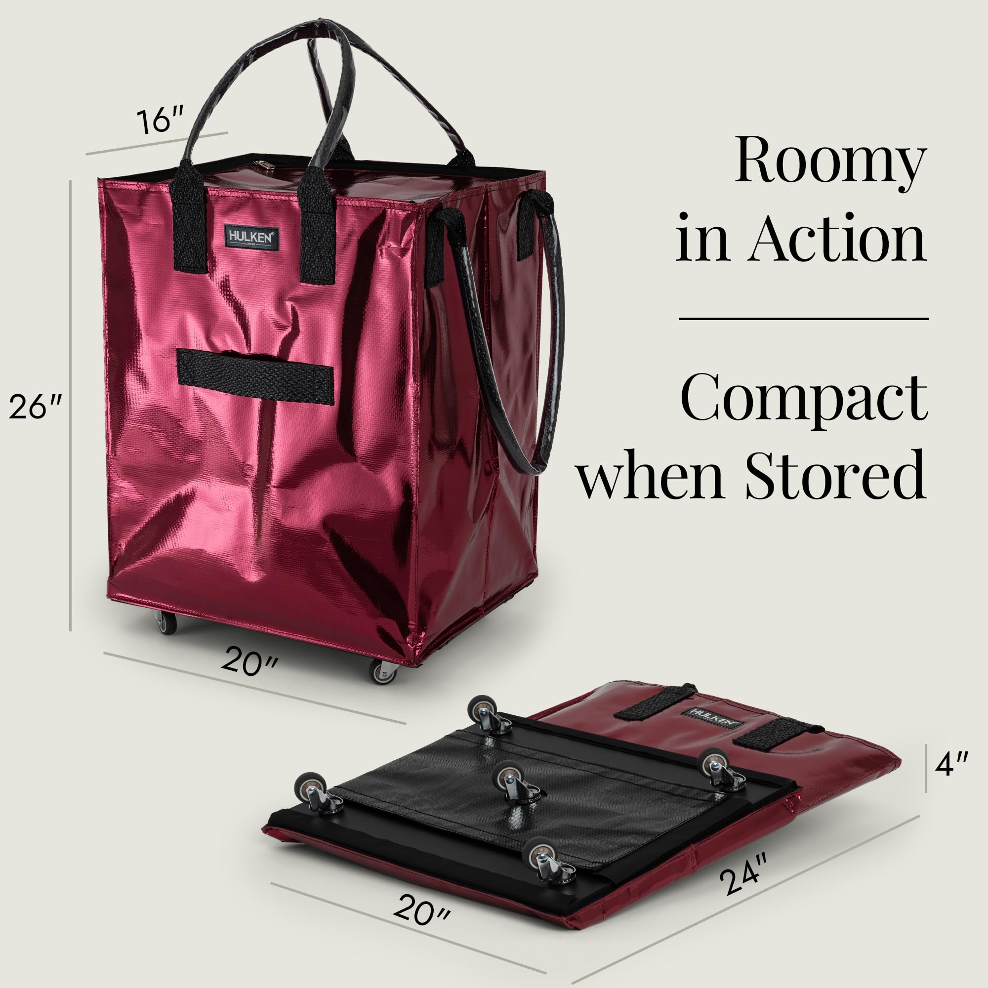 Large Cosmic Red Reusable Grocery Bag with Wheels - Heavy Duty Shopping Trolley & Rolling Tote with Zipper Closure - Lightweight Foldable Design Holds 66 lbs - Unbreakable Handles - Perfect for Supermarket, Farmers Market & Travel