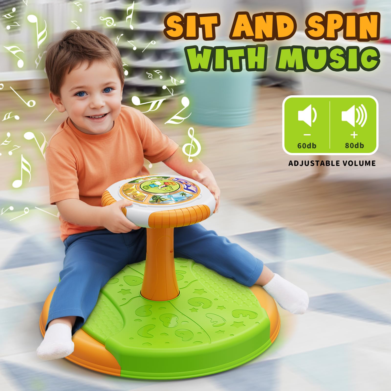 Dinosaur Sit and Spin Toy for Toddlers 3-5 Years - 360° Rotating Sensory Seat with LED Lights & Music - Best Birthday Gift for Boys & Girls - Perfect for Indoor Play, Preschool Activities & Sensory Development