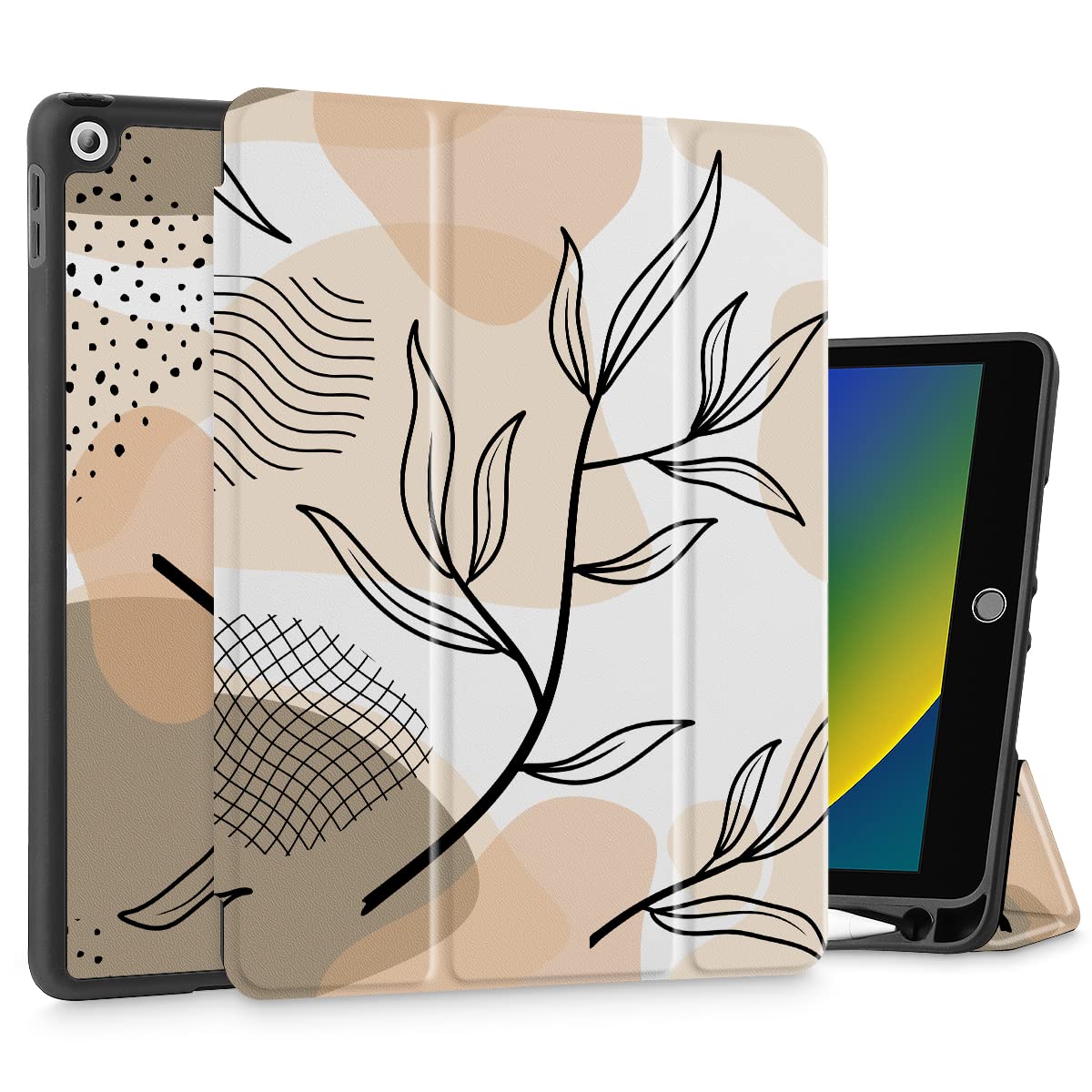 Premium iPad 10.2 Case for 9th/8th/7th Gen (2021/2020/2019) - Slim Stand Hard Back Shell with Pencil Holder & Magnetic Smart Cover | Auto Wake/Sleep | Abstract Leaves Design | Perfect for Work, School & Travel Protection