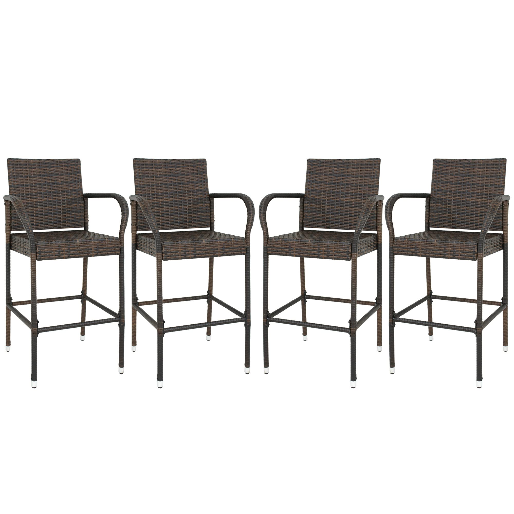 Upgraded Wicker Bar Stool Chairs - Outdoor Rattan Dining Chairs with Iron Frame, Armrest & Footrest, Set of 4 - Perfect for Backyard, Patio, Garden, and Poolside Relaxation