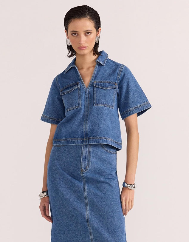 Alden Mid Blue Denim Crop Short Sleeve Shirt for Women - Casual Summer Tops for Outings, Beach & Street Style Fashion