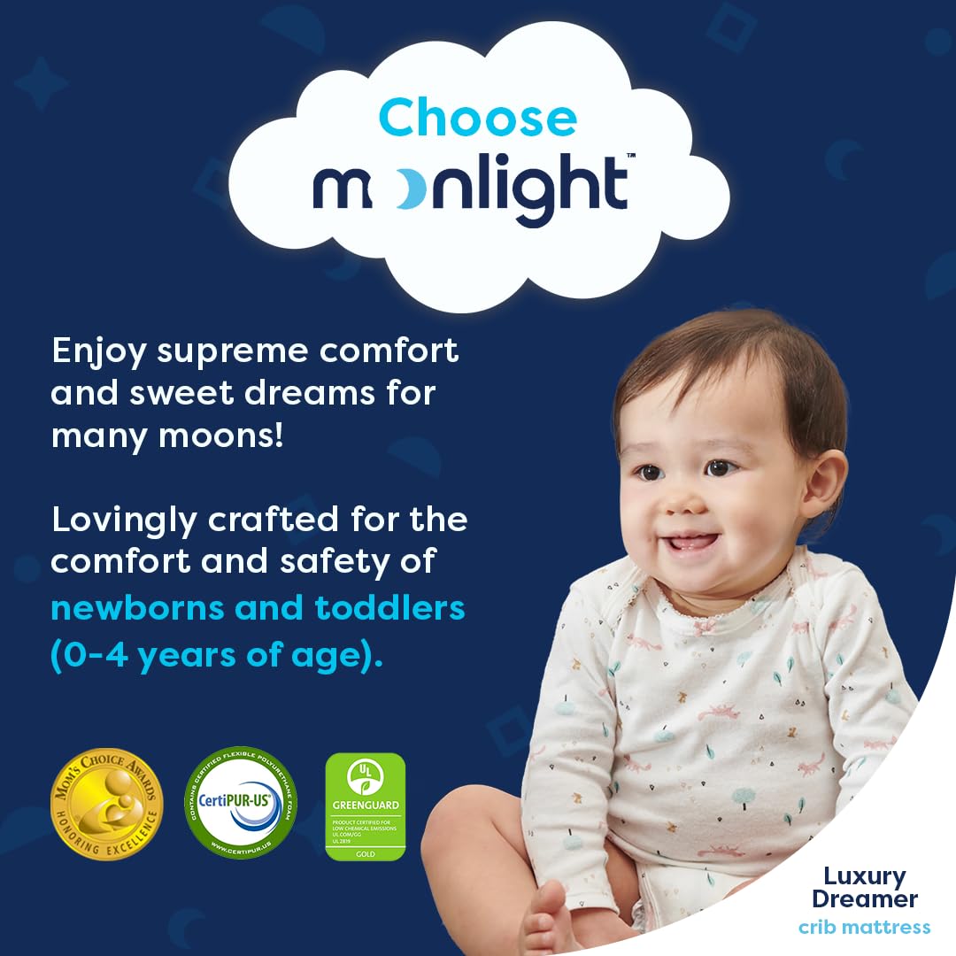 Moonlight Slumber Luxury Dreamer Crib Mattress - Dual-Sided 2-Stage Baby & Toddler Mattress with Cooling Memory Foam & Breathable Cover - Hypoallergenic Waterproof - 52