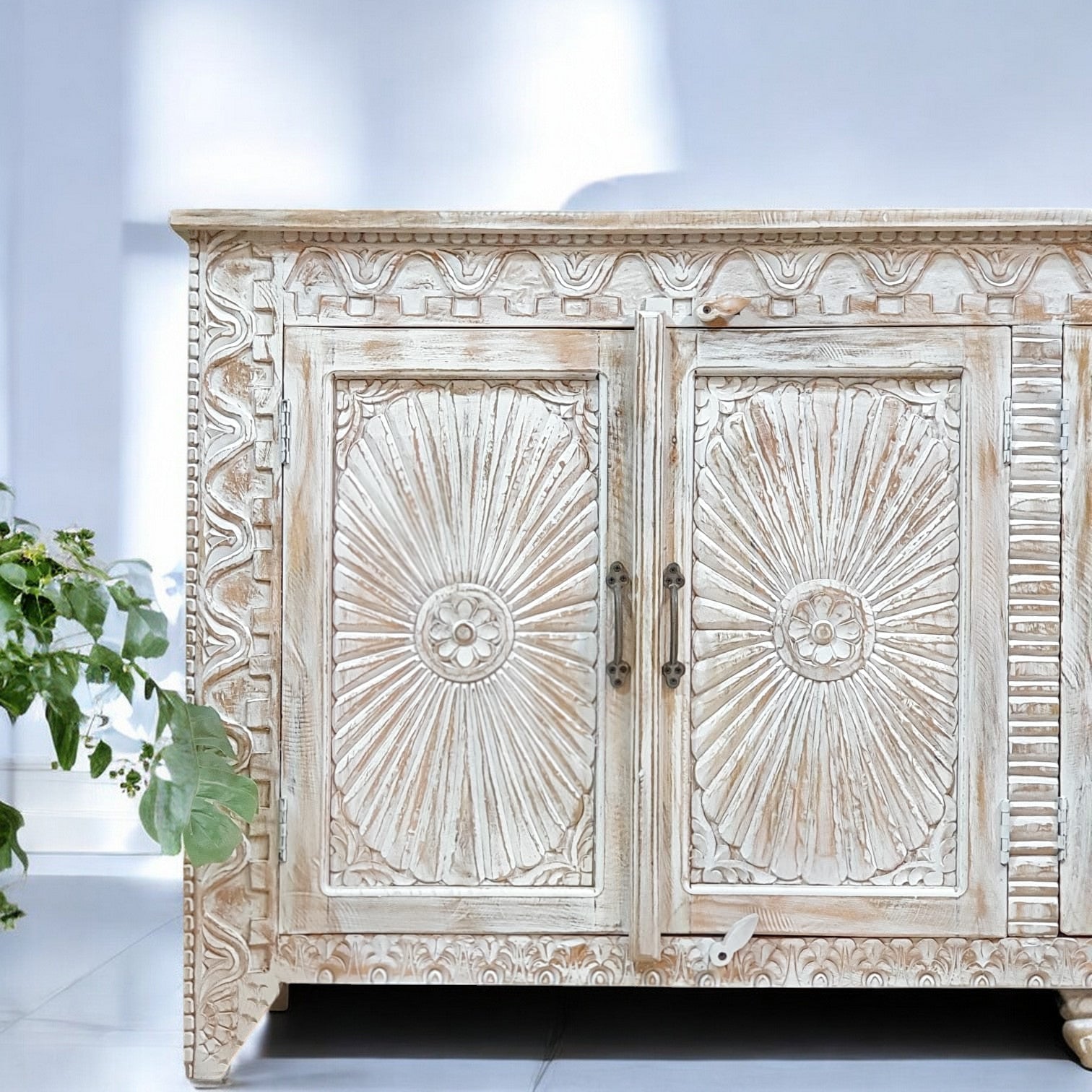 Handmade Carved Indian Mango Wood 4-Door Sideboard Buffet Cabinet 180x40x90cm Whitewash Finish - Perfect for Dining Room Storage, Living Room Decor & Rustic Home Furniture