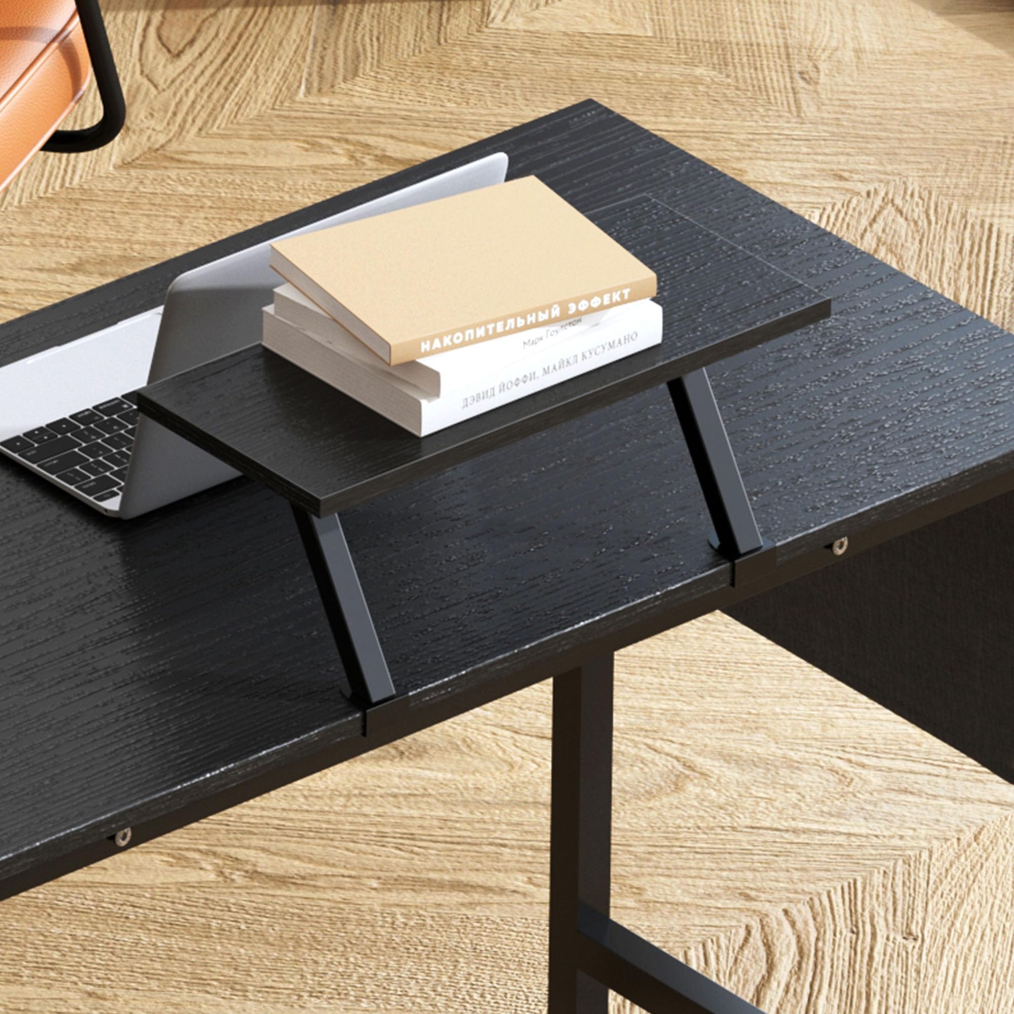 Soges Black L-Shaped Desk with Storage Bag & Monitor Stand - Corner Computer Desk for Home Office, Gaming, Writing & Reading | Space-Saving L-Shaped Workstation for Small Rooms & Apartments