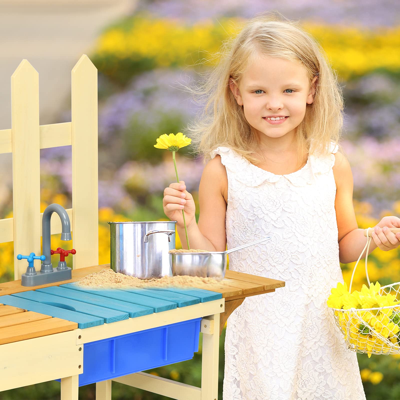 Costzon Kids Mud Kitchen Outdoor - Wooden Pretend Play Kitchen Set with Removable Sink, Faucet & Storage Shelves - Mud Table Playset for Boys & Girls Ages 3+ - Perfect for Backyard, Garden & Outdoor Pretend Play