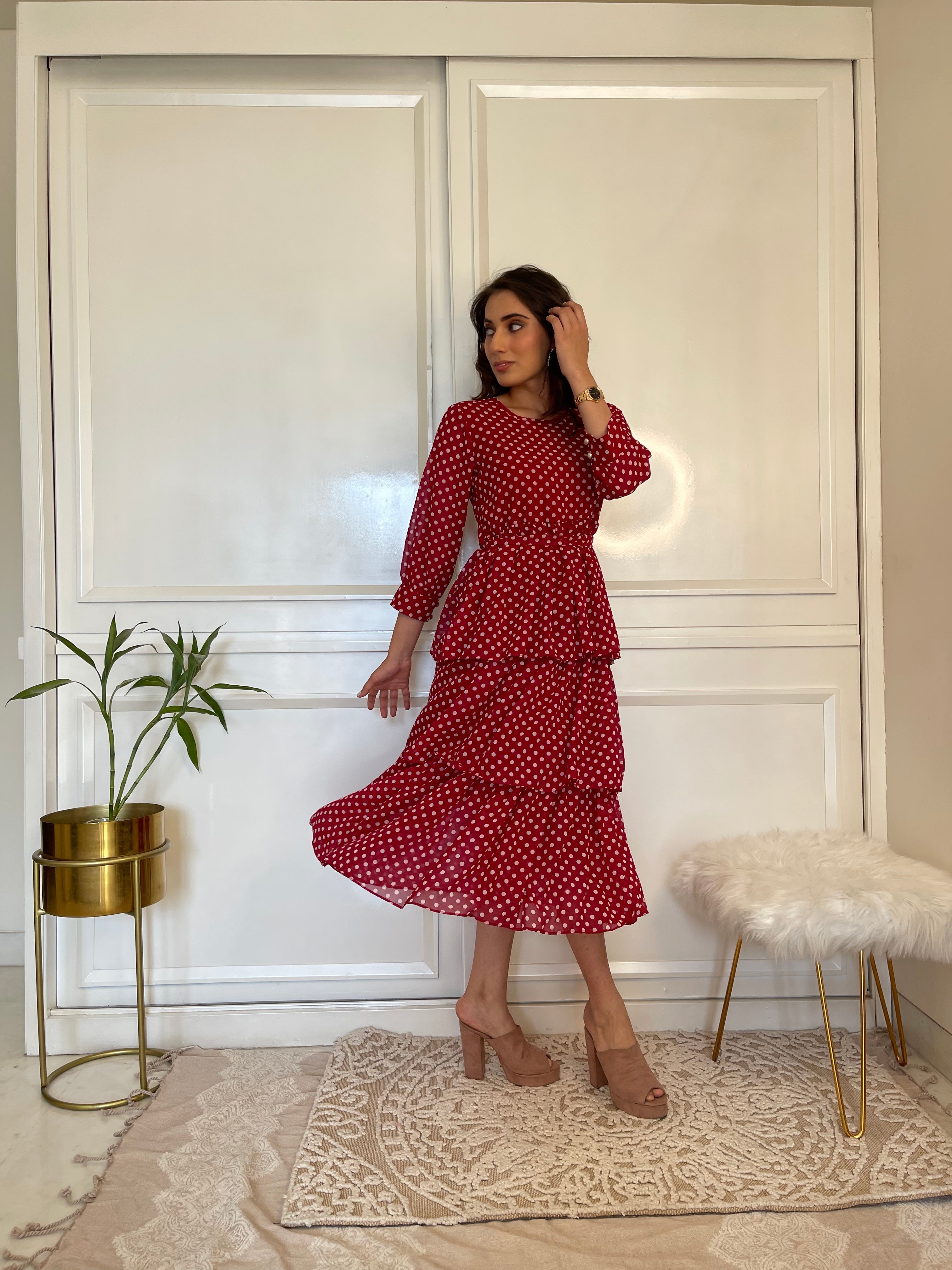 Elegant Red Polka Dot Ruffle Flared Maxi Dress for Women - Perfect for Summer Parties, Weddings & Beach Vacations