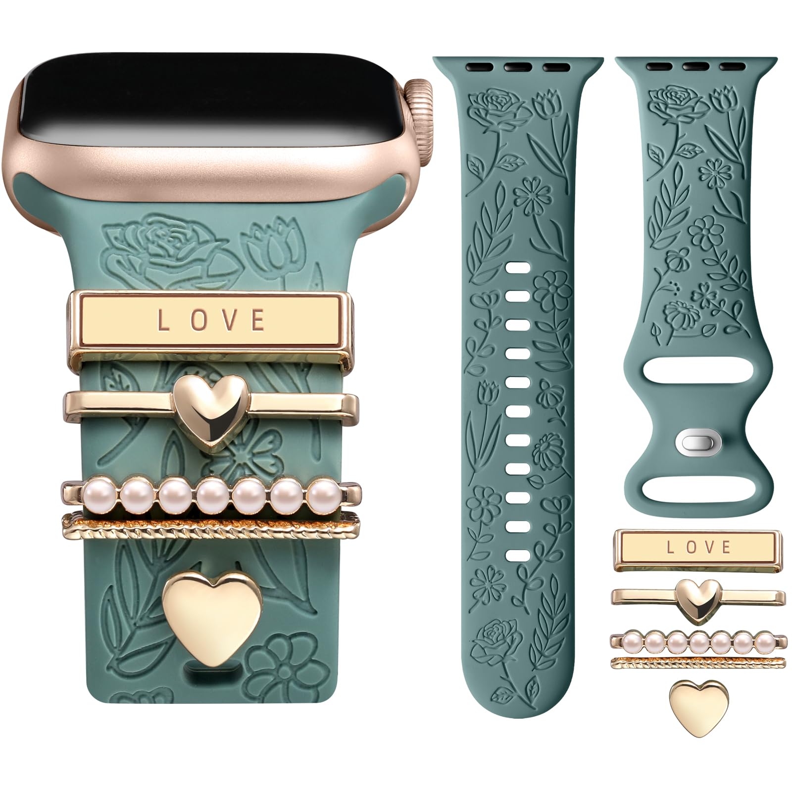 DaQin Floral Engraved Silicone Band Compatible with Apple Watch 38mm 40mm 41mm 42mm 44mm 45mm - Women's Fashion Strap with Charms for iWatch Series SE/1/2/3/4/5/6/7/8/9 - Perfect for Workouts, Office & Everyday Wear
