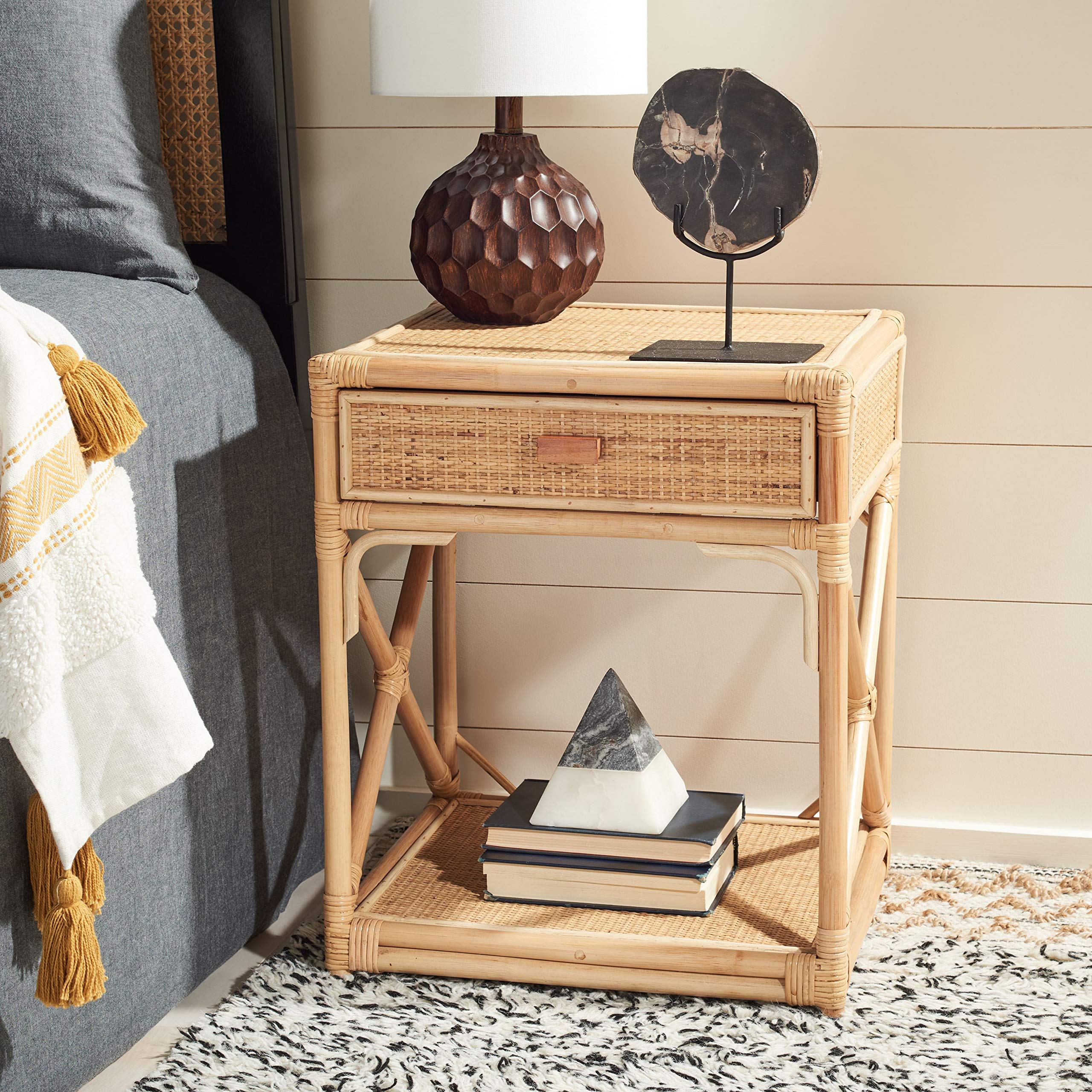 Safavieh Home Bali Coastal Natural 1-Drawer 1-Shelf Nightstand - Beach Style Bedside Table for Bedroom, Living Room & Guest Room Decor