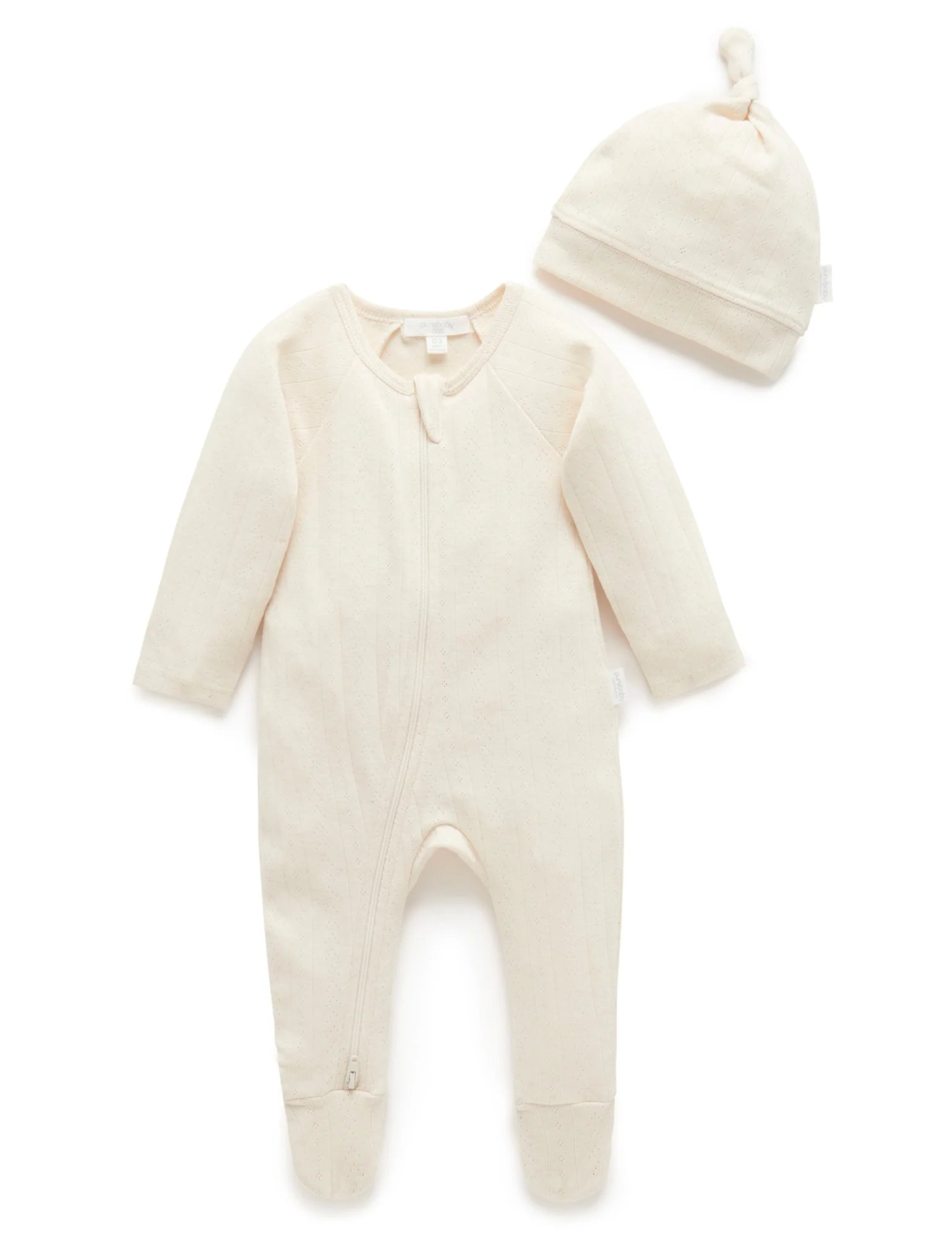 Purebaby Organic Pointelle Growsuit & Hat Set - Wheat Melange | Soft Baby Romper & Bonnet for Newborns | Perfect for Nursery, Photoshoots & Daily Wear