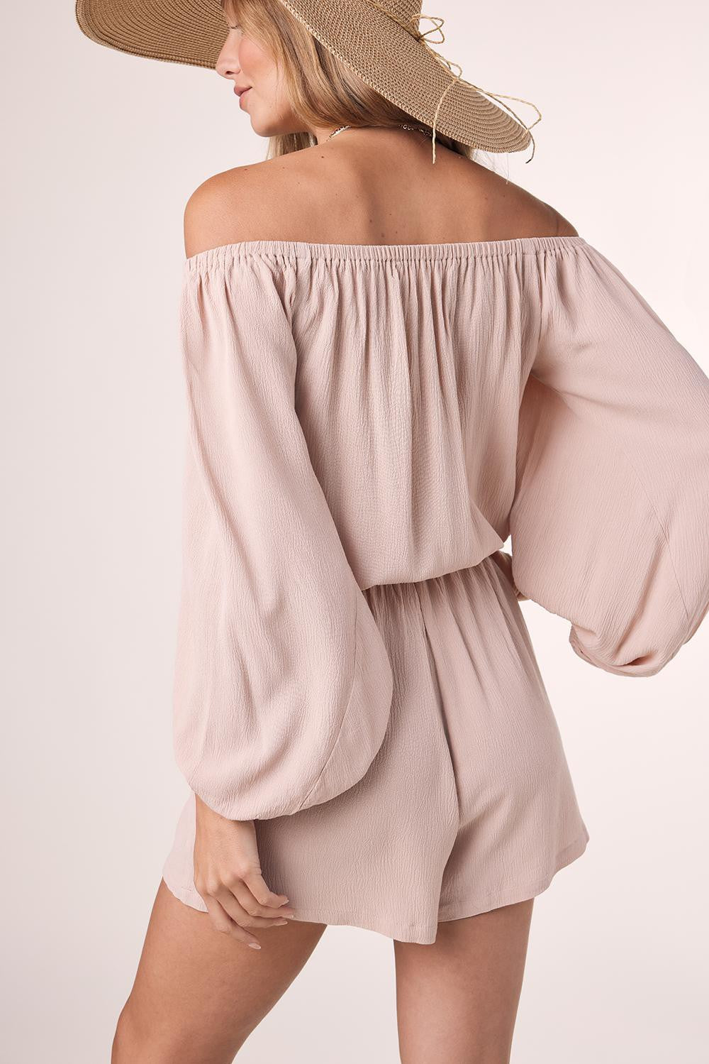 Beige Off Shoulder Balloon Sleeves Romper Jumpsuit - Women's Summer Casual Outfit for Beach, Party & Vacation