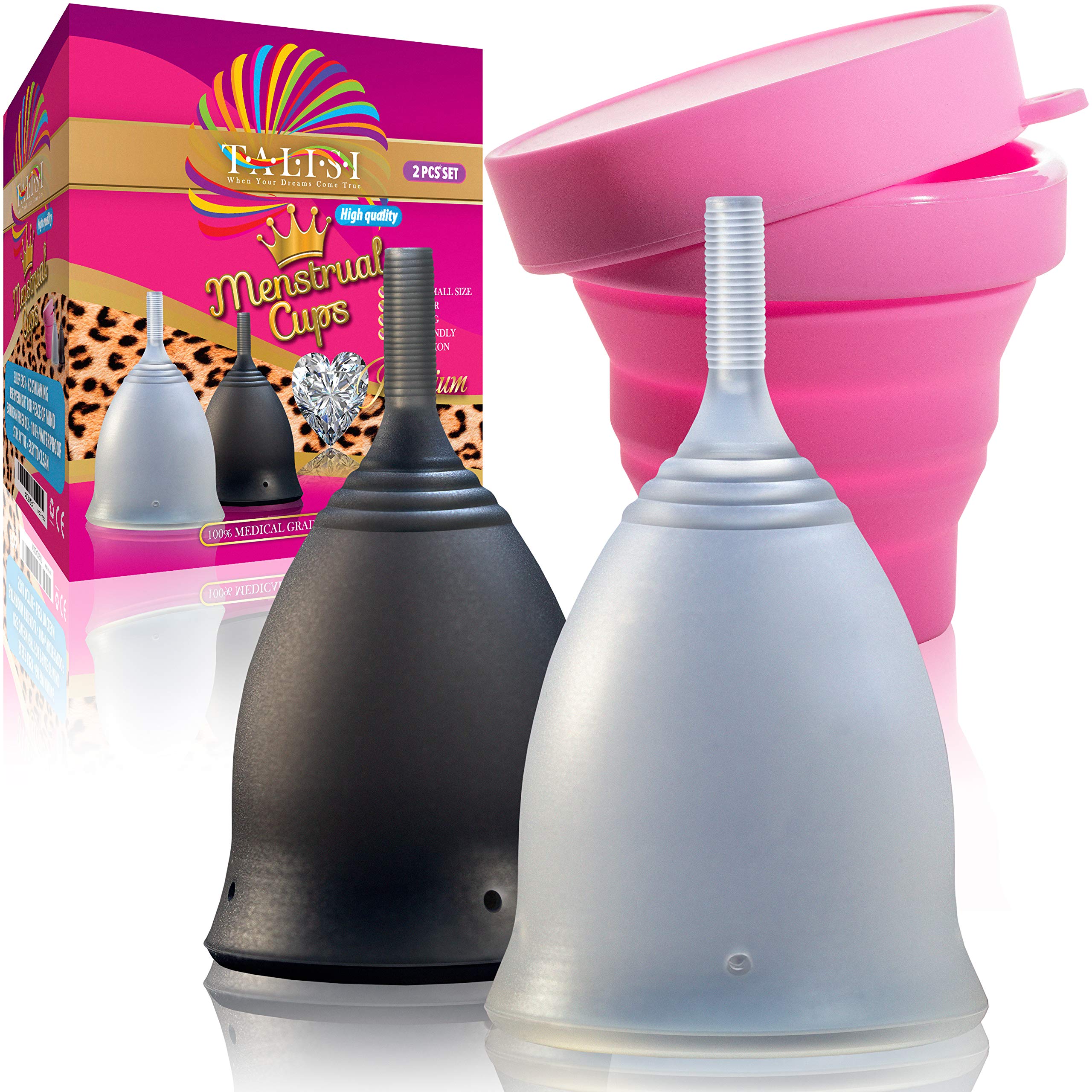 Talisi Reusable Soft Menstrual Cups Set of 2 for Women - Eco-Friendly Period Cup with Collapsible Case & Sterilizer - Regular & Heavy Flow Sizes - Alternative to Tampons & Pads - Perfect for Travel, Sports & Active Lifestyles