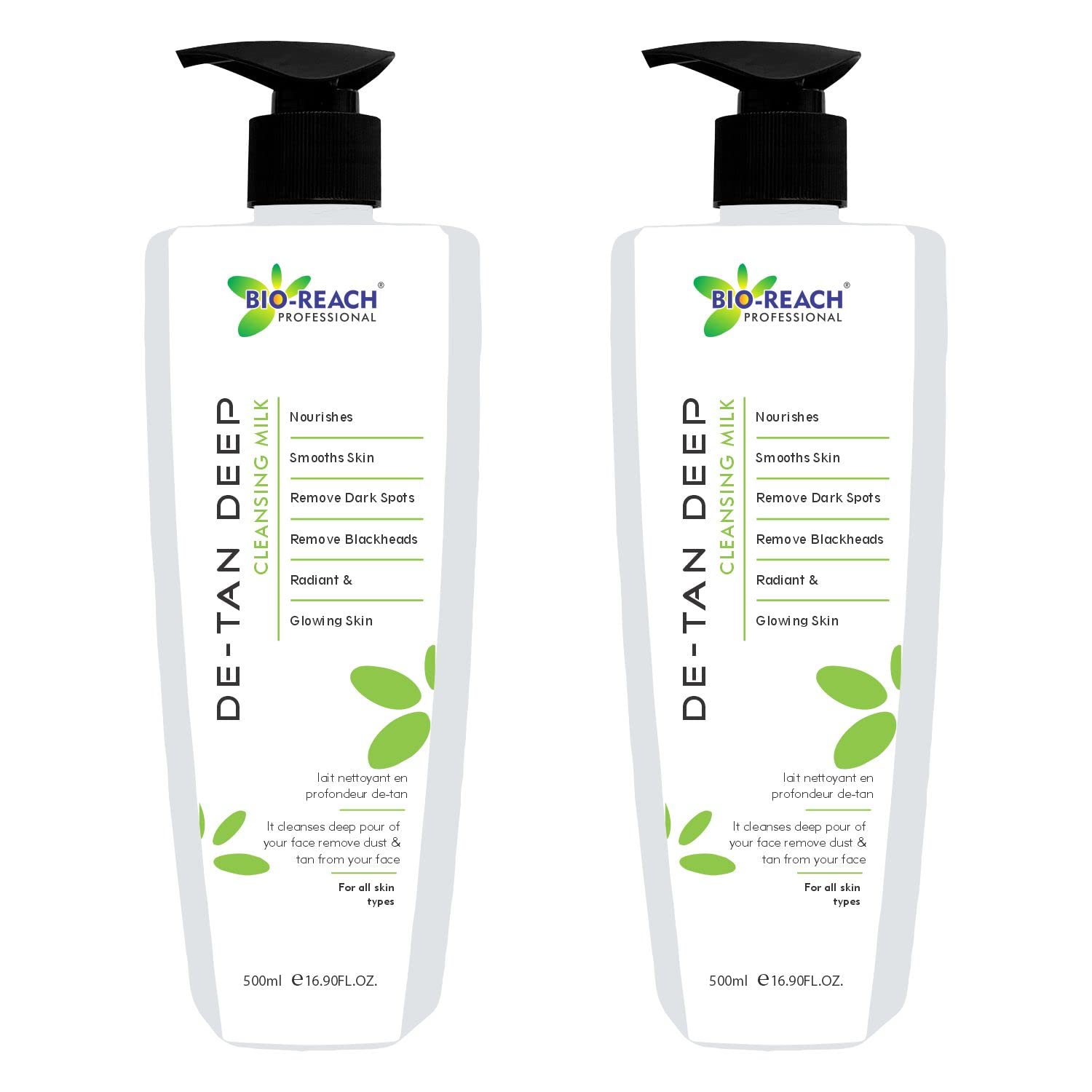 BIO-REACH DE-TAN Deep Cleansing Milk for Face - 2 Pack (500ml Each) - Brightening & Exfoliating Facial Cleanser for Dark Spots & Uneven Skin Tone - Perfect for Daily Skincare Routine & Post-Sun Care