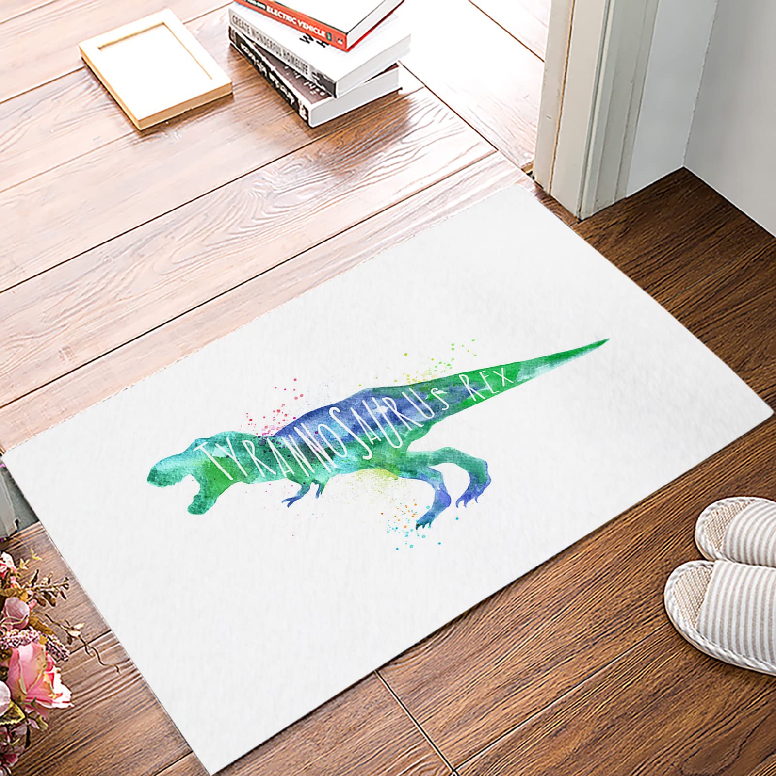 Dinosaur Doormat 23.6 x 15.7 Inches - Non-Slip Absorbent Welcome Mat for Bathroom, Kitchen, Entryway - Machine Washable Indoor/Outdoor Rug with Watercolor T-Rex, Triceratops & Pterodactyl Design - Perfect for Dino-Themed Kids Rooms, Jurassic Decor & Paleontology Enthusiasts