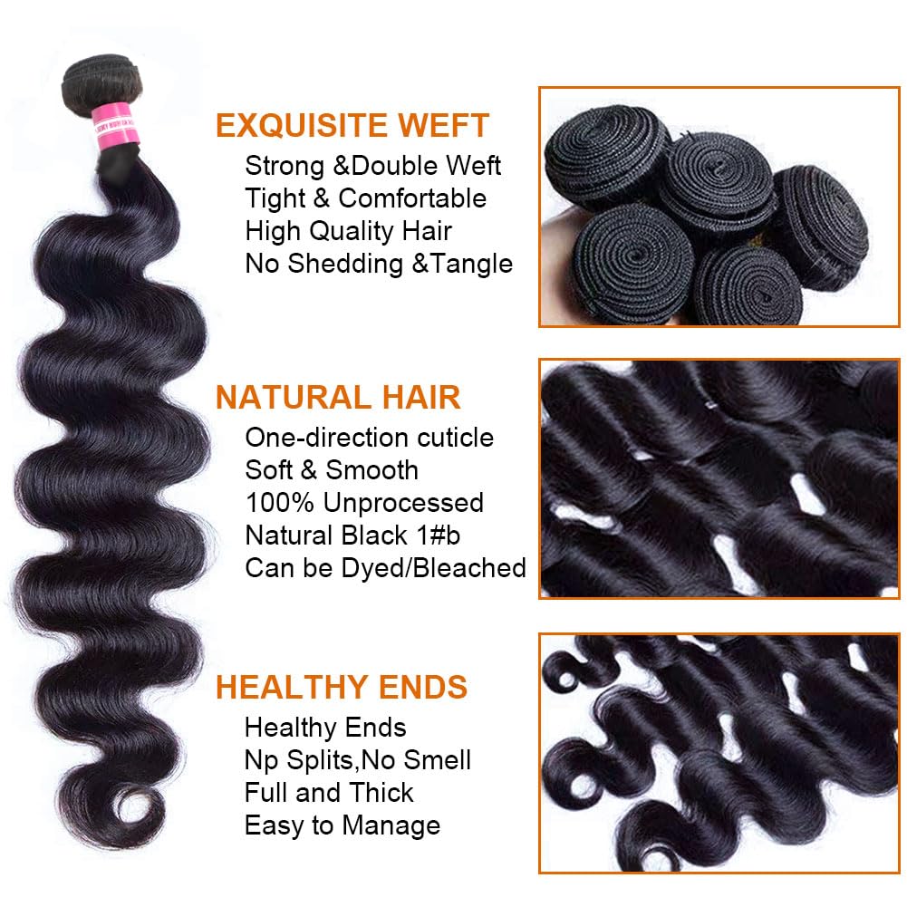 12A 34 Inch Brazilian Virgin Human Hair Bundles - 100% Unprocessed Body Wave Weave Hair Extensions, Natural Black Color for Styling & Volume Boost | Perfect for Daily Wear, Parties & Special Occasions