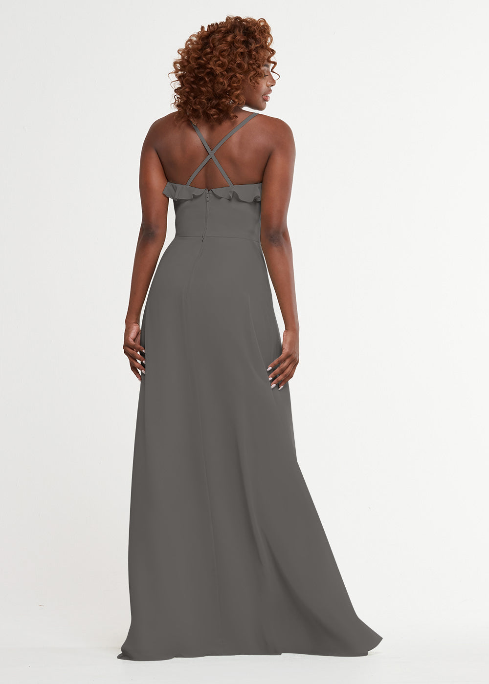 Elegant 80174 Chiffon A-Line Bridesmaid Dress with Ruffles & High Slit - Perfect for Weddings, Formal Events & Prom - Plus Size Options Available