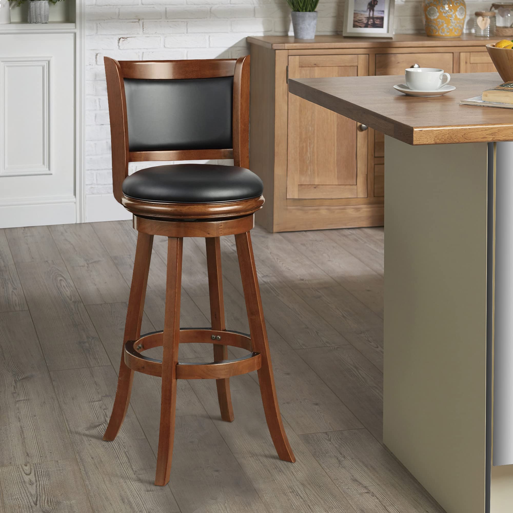 Benjara BM274343 34 Inch Extra Tall Swivel Bar Stool - Wood Frame with Faux Leather Upholstery in Cherry Brown - Perfect for Kitchen Islands, Home Bars & Dining Counter Height Tables
