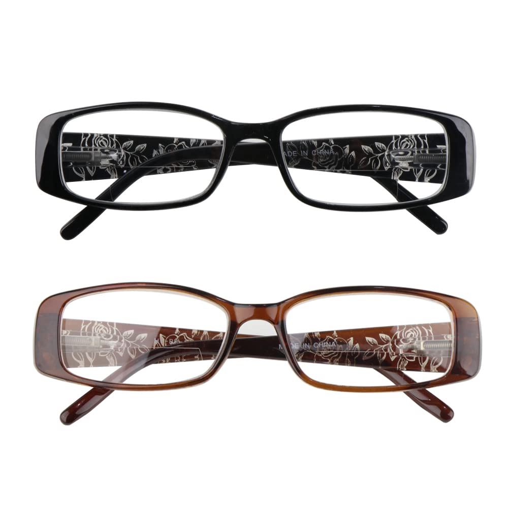 Hyyiyun 2 Pairs Women's Rectangular Bifocal Reading Glasses - Designer Laser Flower Frame with Spring Hinge - Perfect for Reading, Crafting & Computer Work