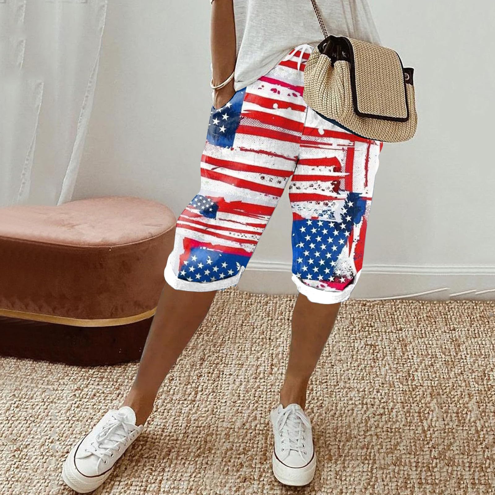 Women's Linen Bermuda Shorts - Stars Stripe Flag Print for 4th of July & Summer Outings