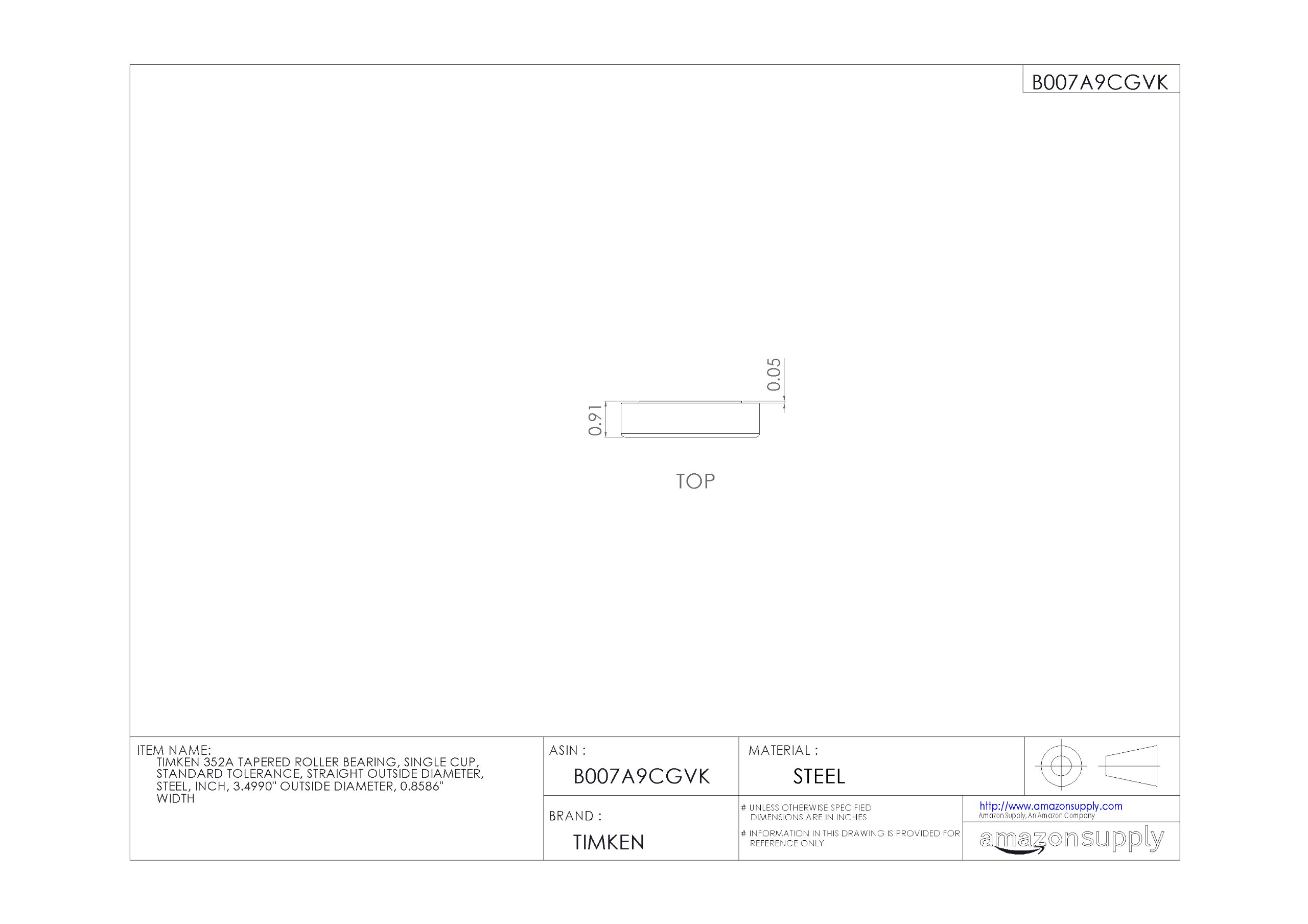 Timken 352A Tapered Roller Bearing - Single Cup, Standard Tolerance, Steel Construction, 3.4990
