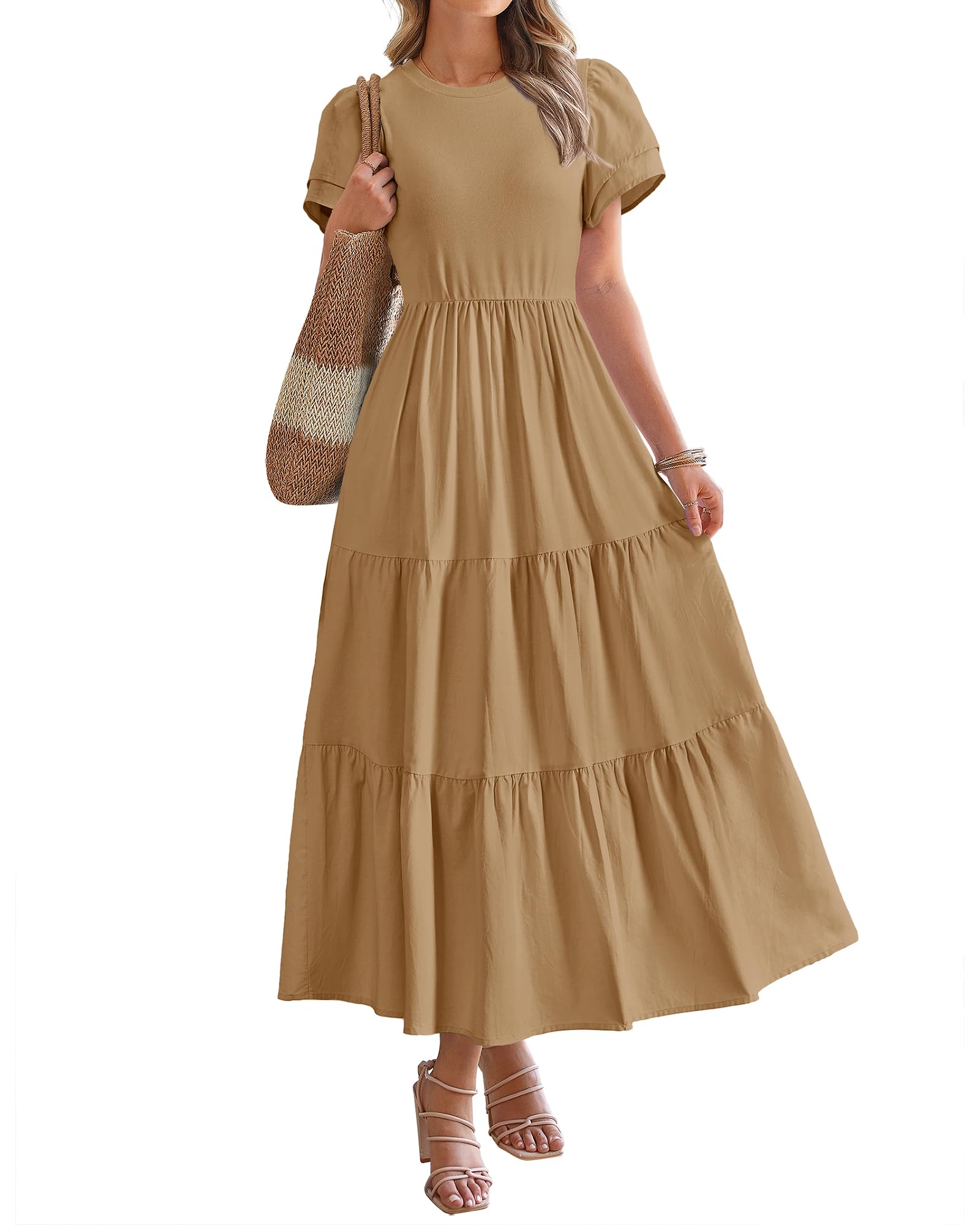 BTFBM Women's Casual Summer Dresses 2025 - Spring Crewneck Short Sleeve Tiered Flowy Boho Maxi Dress with Pockets for Beach Vacation, Party & Everyday Wear