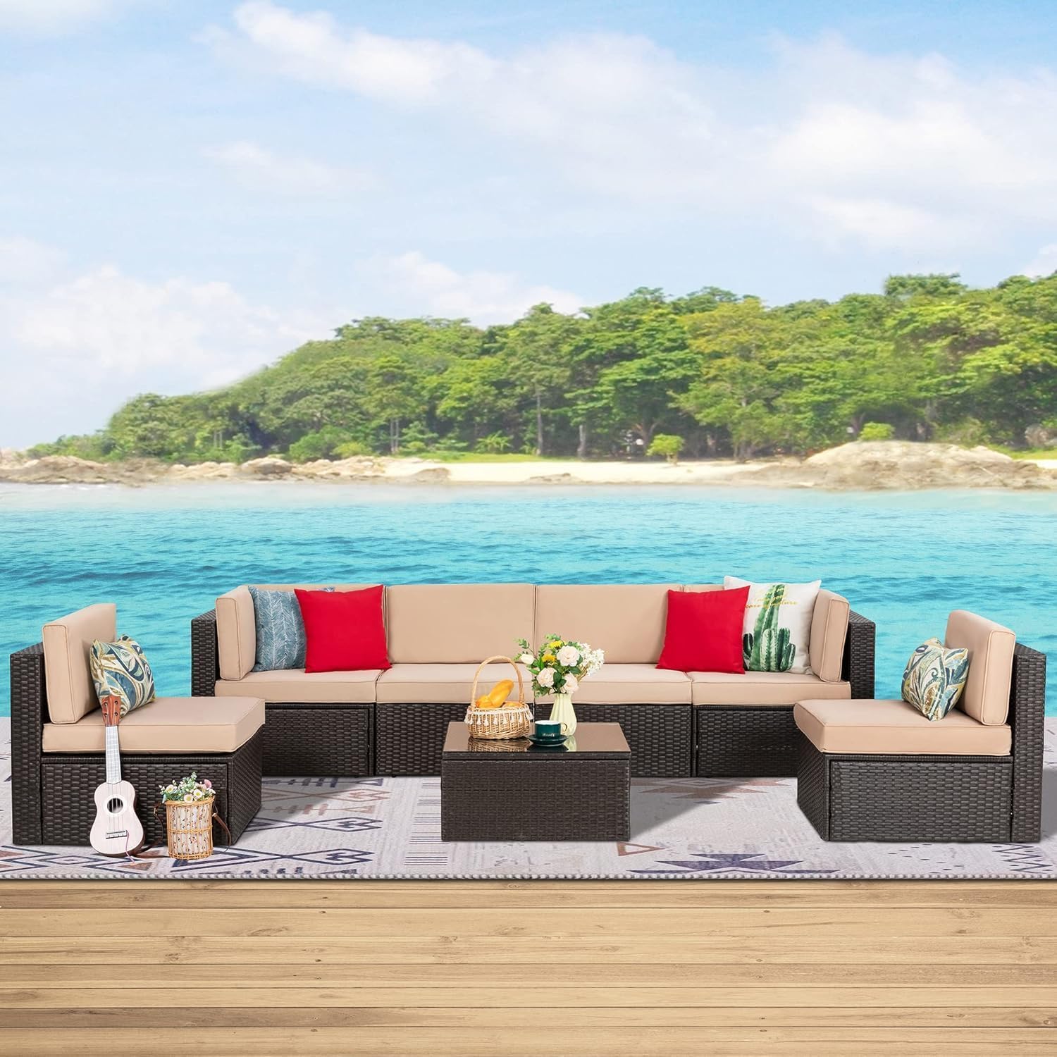 Shintenchi 7-Piece All-Weather Outdoor Patio Furniture Set - PE Rattan Wicker Sectional Sofa with Glass Table, Ottoman, Cushions & Red Pillows - Neutral Color for Backyard, Garden, Poolside or Deck Relaxation