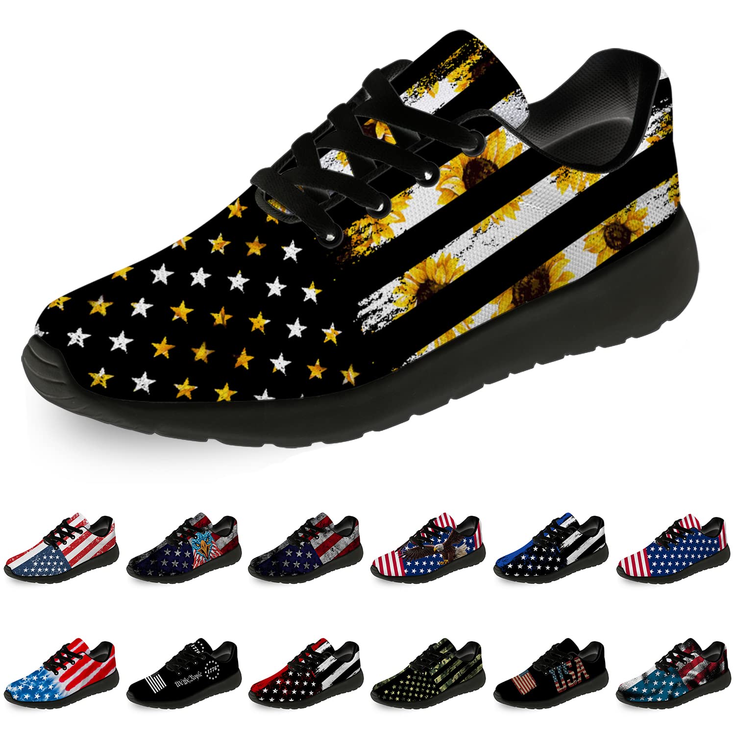 **USA Flag Sneakers for Men & Women - Patriotic Running, Walking & Tennis Shoes with Sunflower Floral Design - Unisex Black Athletic Shoes (Size 7 Men/8.5 Women) - Perfect for 4th of July, Independence Day & Outdoor Activities**