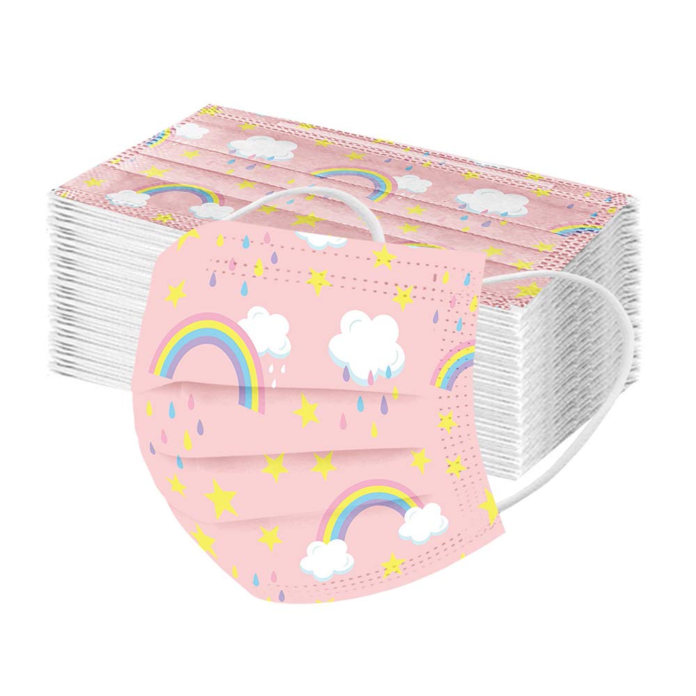 Yassk 3-Ply Rainbow Printed Disposable Face Masks for Kids - Breathable Dust & Air Pollution Protection with Elastic Ear Loops (Rose Red) - Perfect for School, Travel & Outdoor Activities