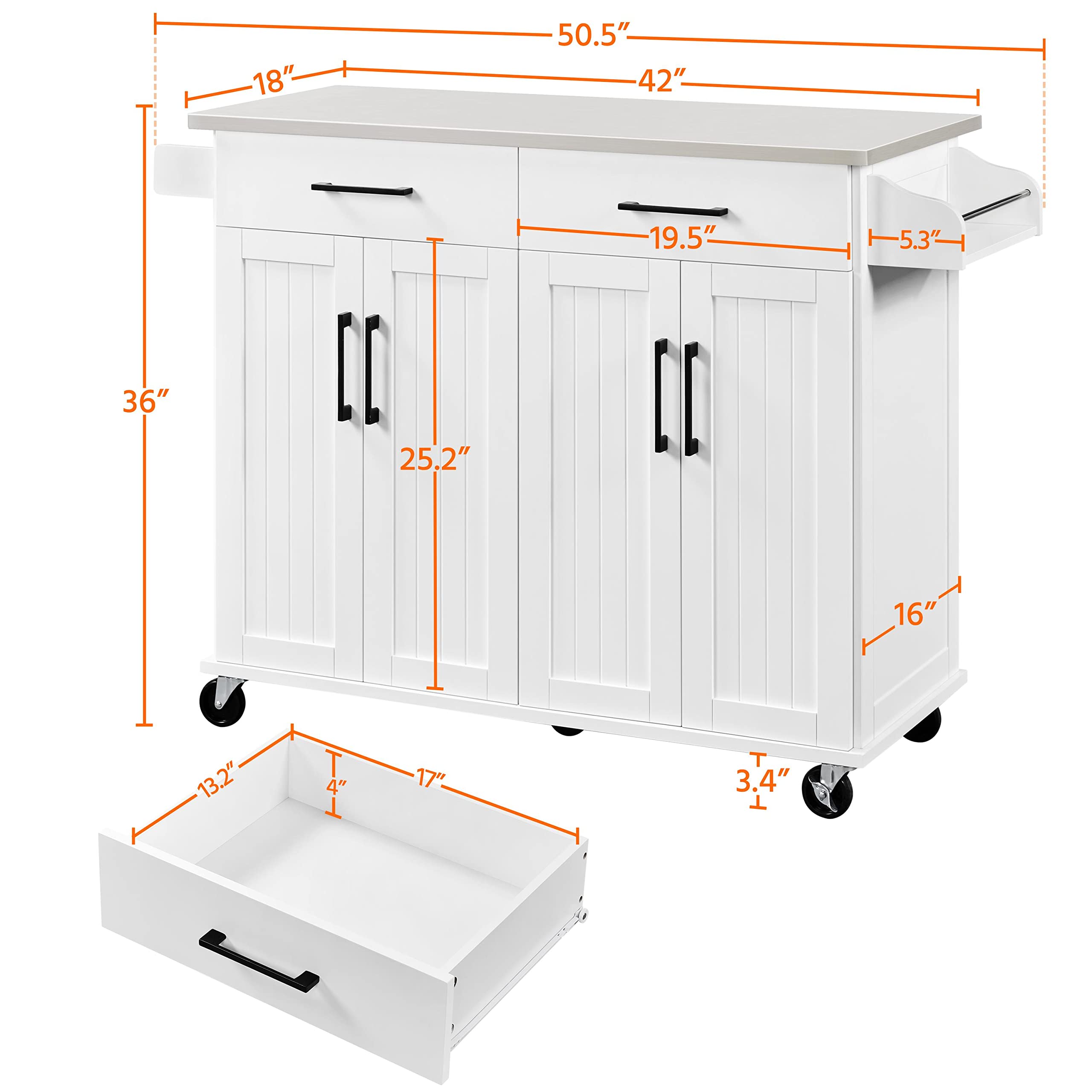 Yaheetech White Kitchen Island Cart with Stainless Steel Countertop, Portable Rolling Cabinet with Adjustable Shelves & 2 Drawers, Perfect for Small Kitchens, Dining Rooms, and Home Office Storage